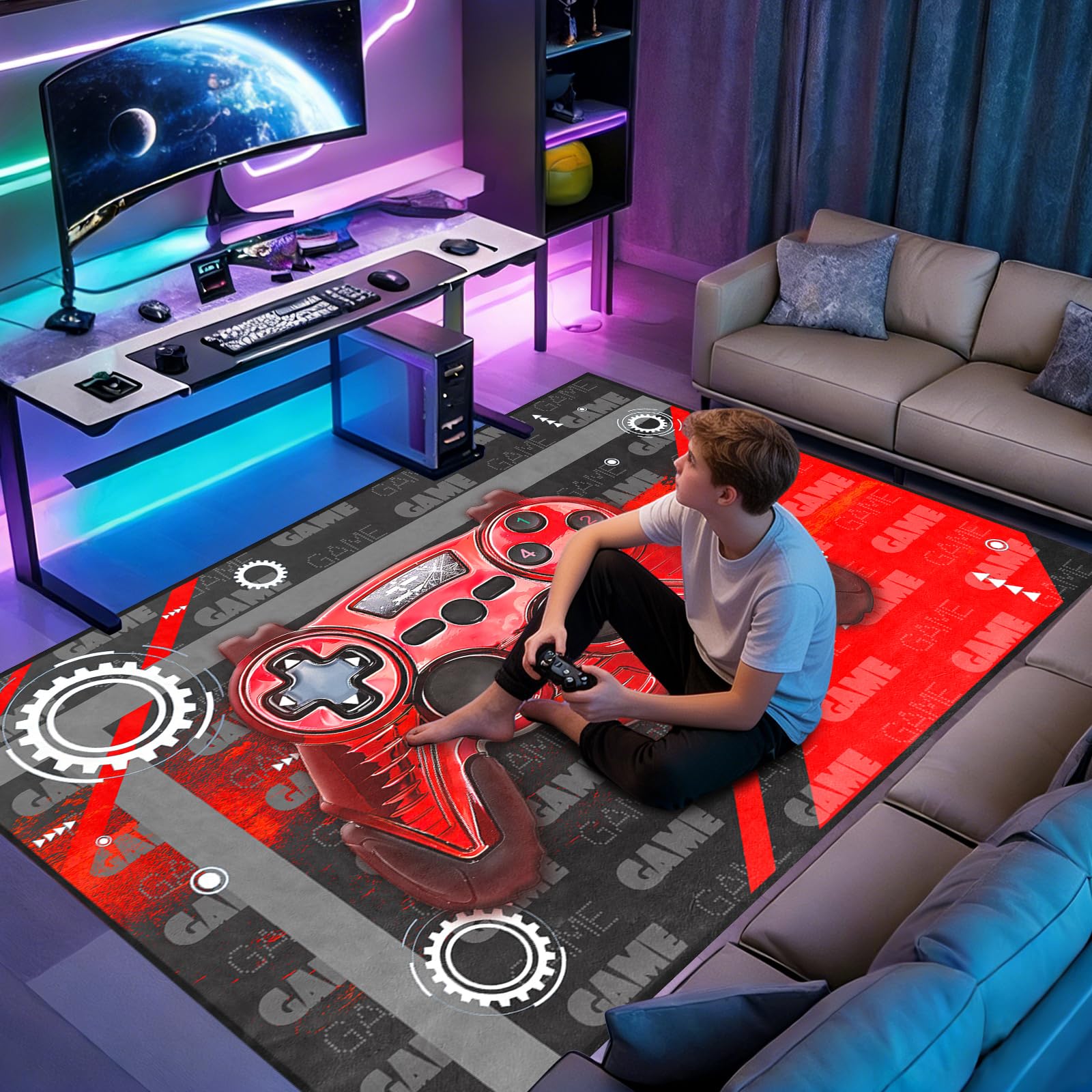Grande tappeto per ragazzi con gamepad 3D rosso, grande tappeto per camera da letto, cameretta dei bambini, controller di gioco, videogiochi, tappetino nero per soggiorno, decorazione per la casa,