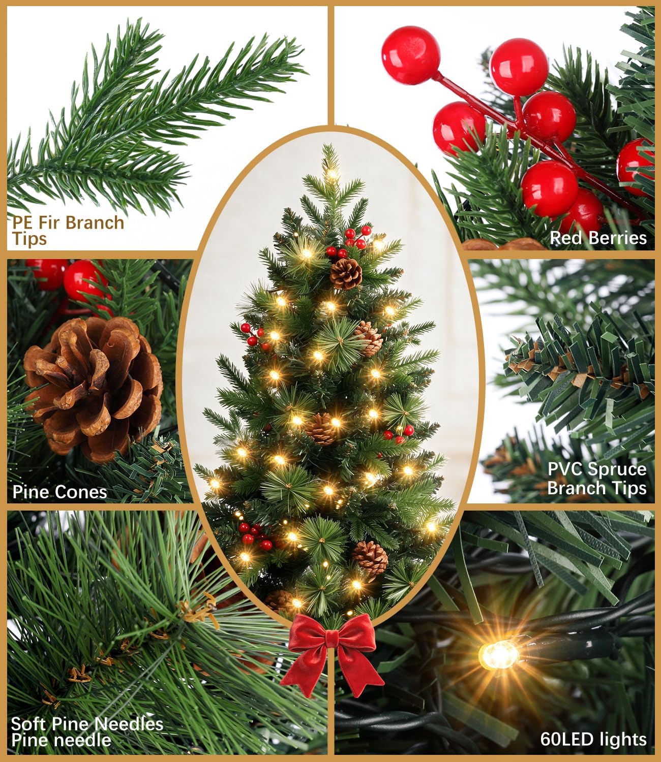 DEWUR 3ft Tabletop Christmas Tree with LED Lights - Small Artificial Mini Tree for Christmas Decorations