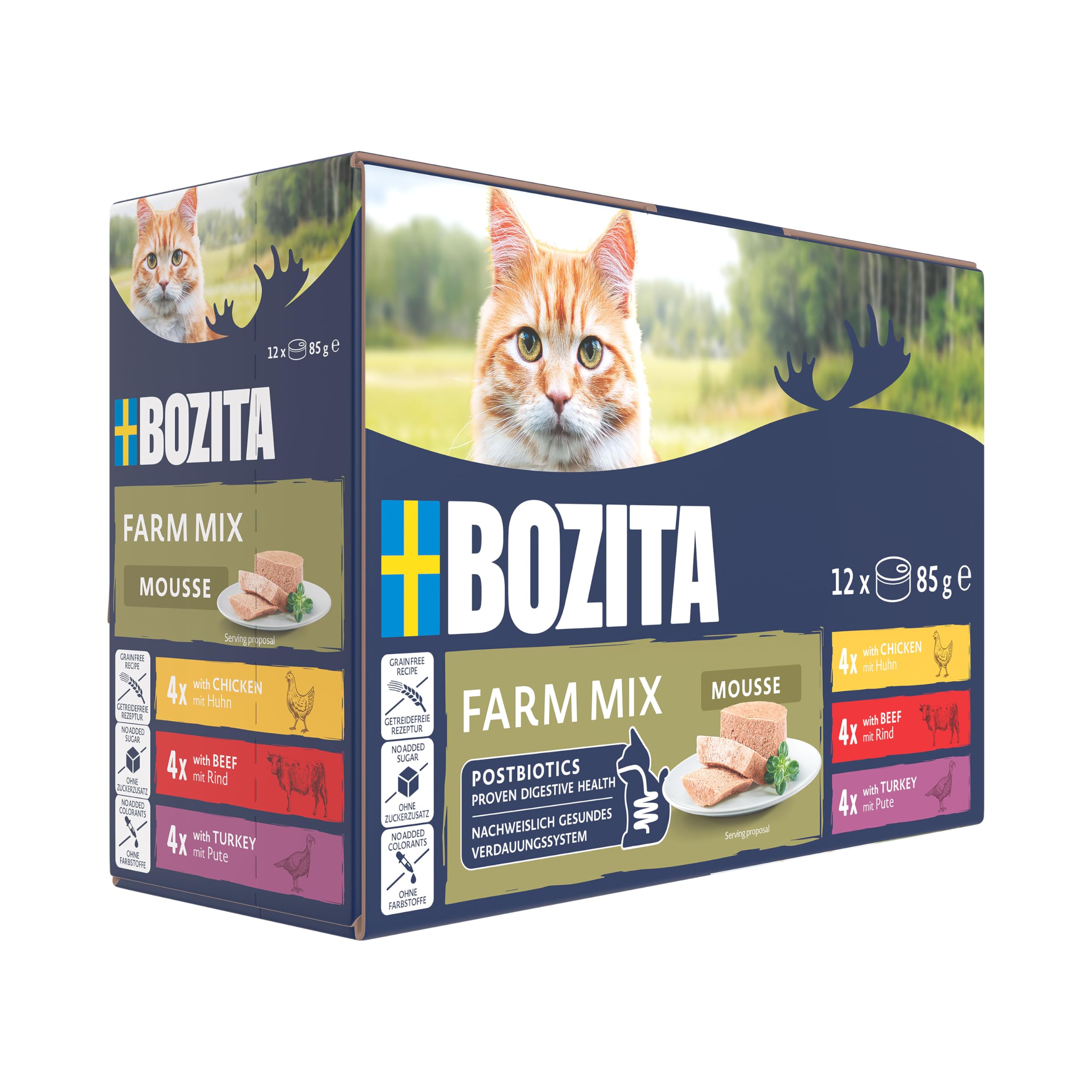 BOZITA Mousse Farm Mix 12 x 85 g – Comida húmeda para Gatos Gourmet en pequeñas dosis – con postbióticos para apoyar una Flora intestinal Saludable con Pollo, Ternera y Pavo – pienso Completo
