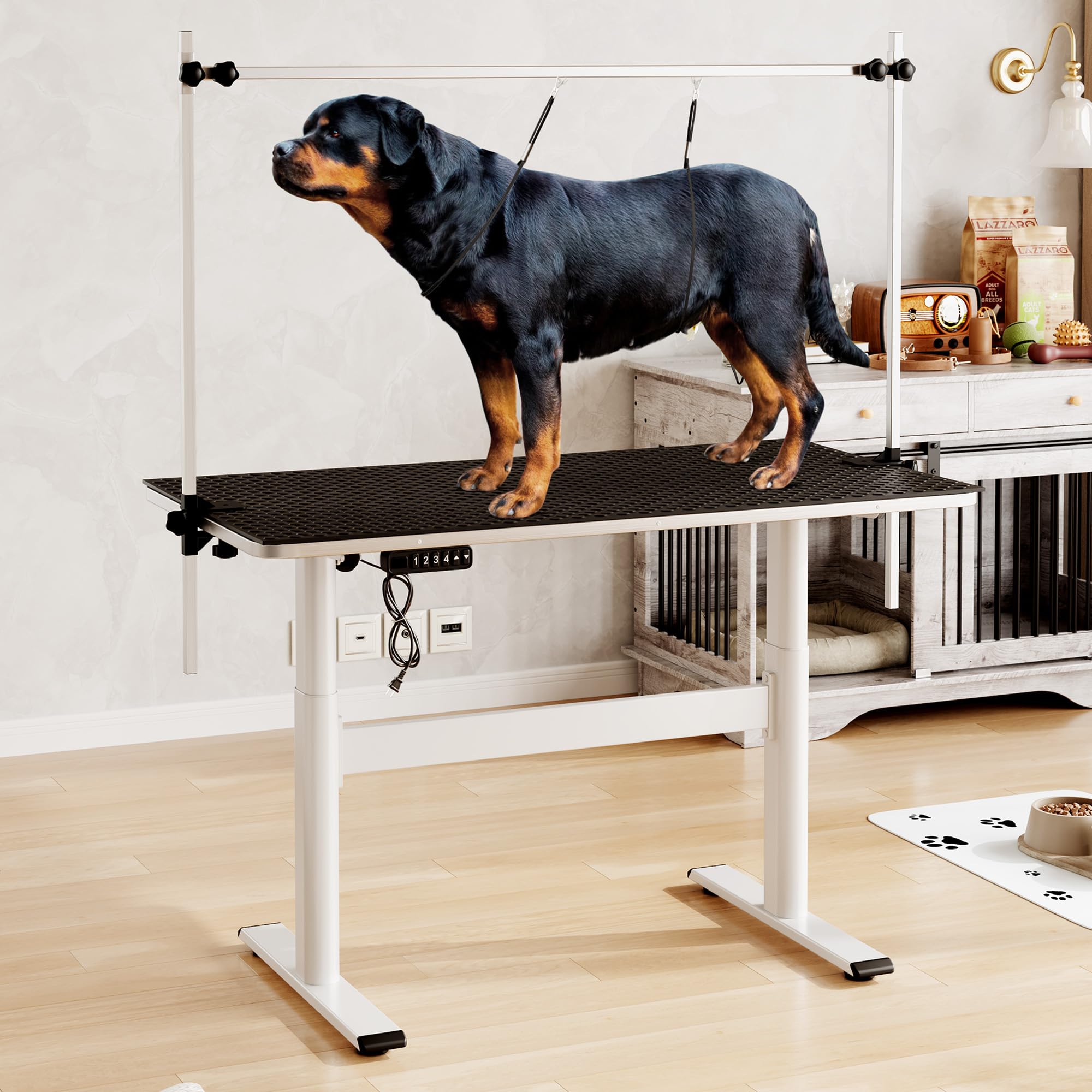 Garveelife Electric Dog Grooming Table, 46 in Heavy Duty Pet Grooming Table w/Table Top & Overhead Arm Height Stepless Adjustable