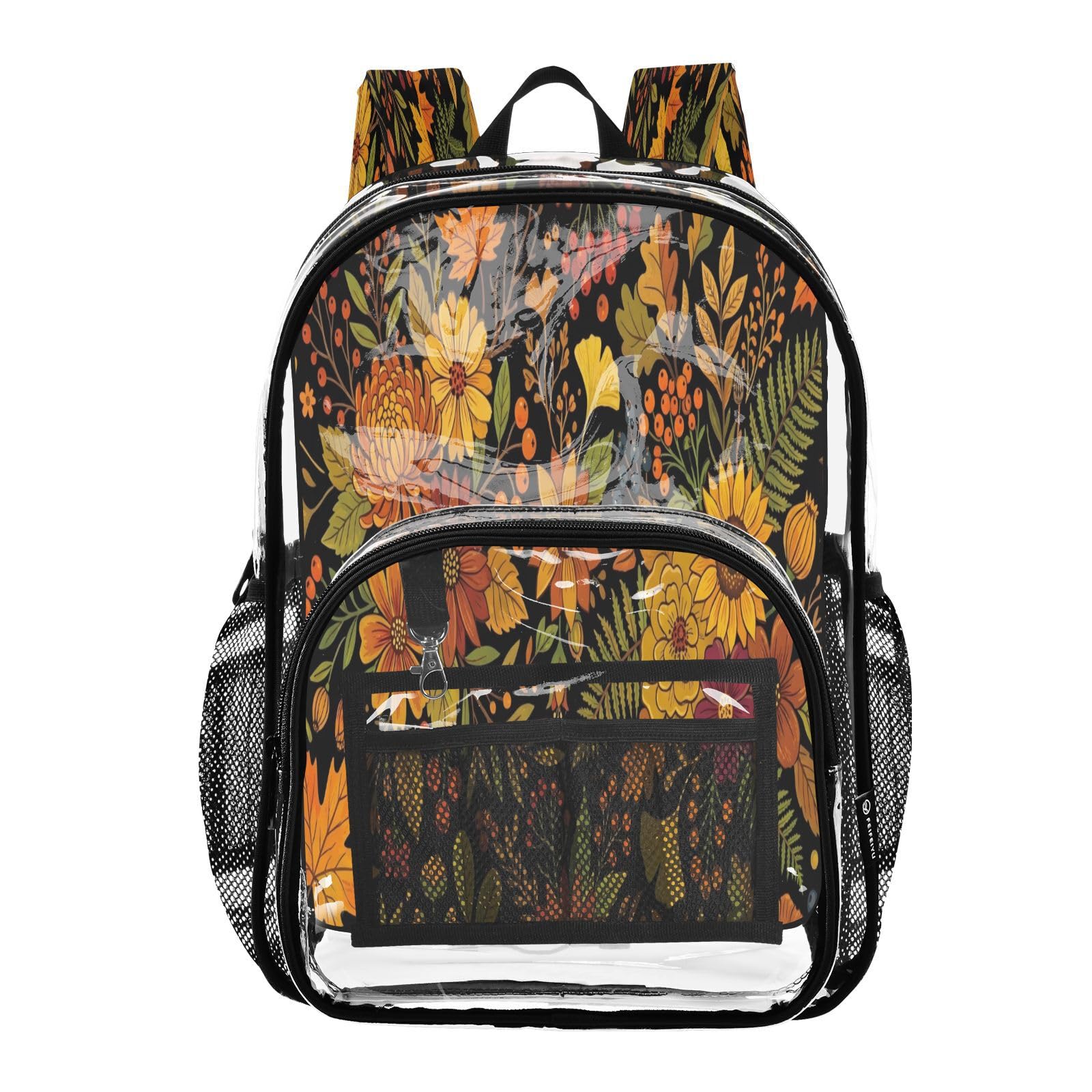 Mochila transparente resistente con múltiples bolsillos y flores 8