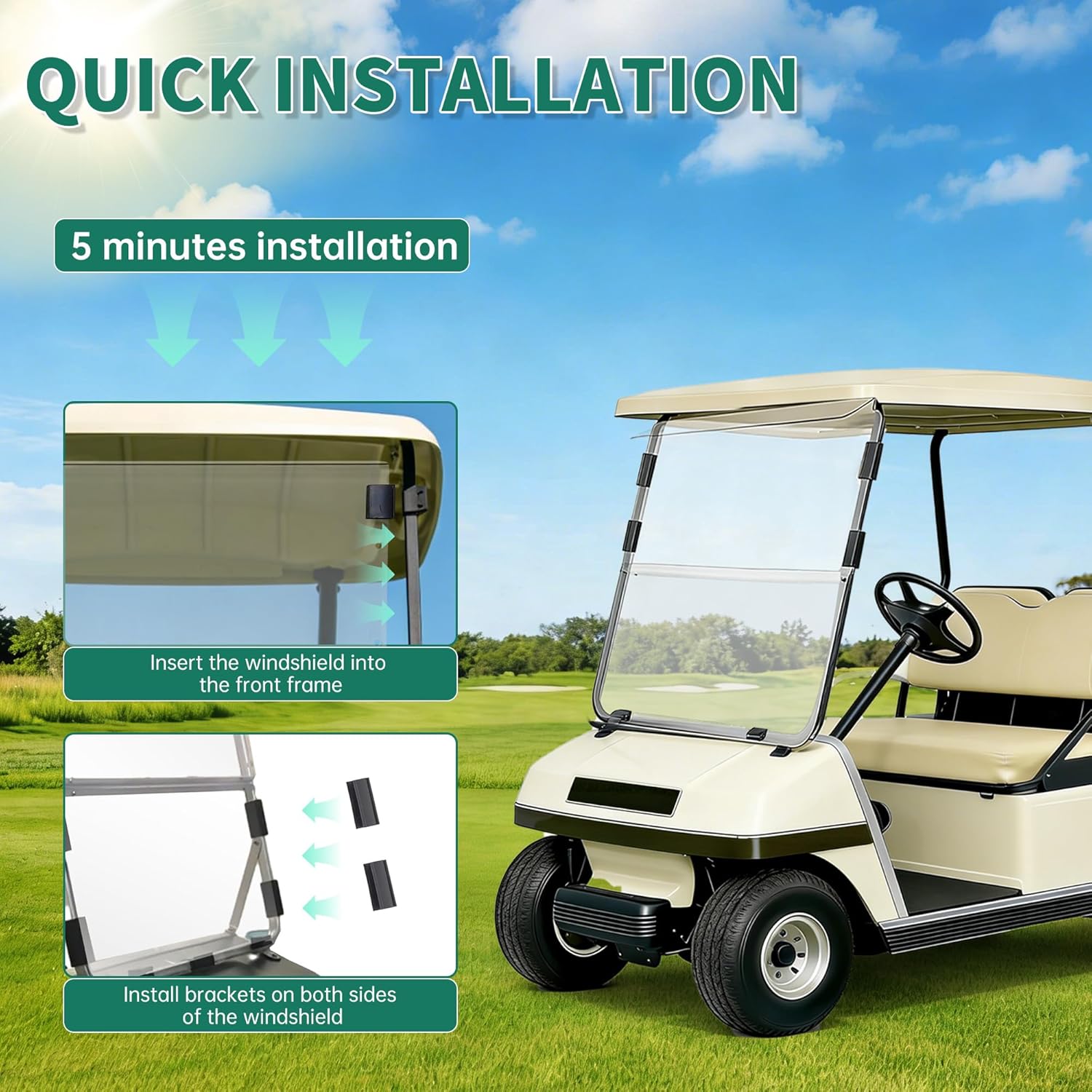 ECOTRIC Windshield Compatible with 1982-2000.5 Club Car DS Clear Fold Down Impact Resistant Golf Cart DS Model Approximate dimensions 39.25"W X 36.75"H