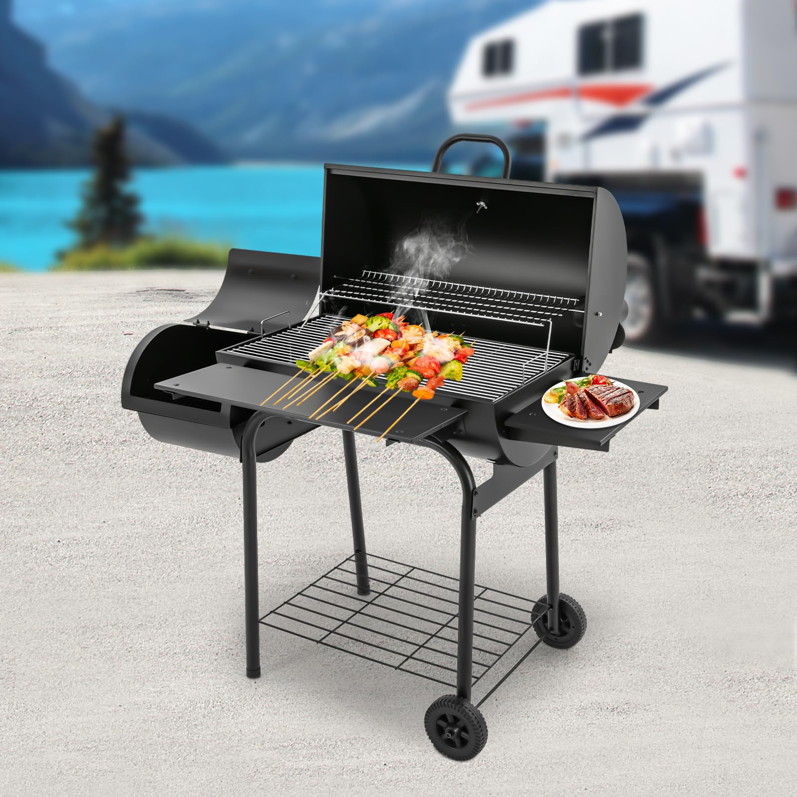 Barbecue a carbonella, autoportante, a carbonella, con coperchio, grande griglia a carbonella, con ruote, per barbecue, picnic, feste, campeggio