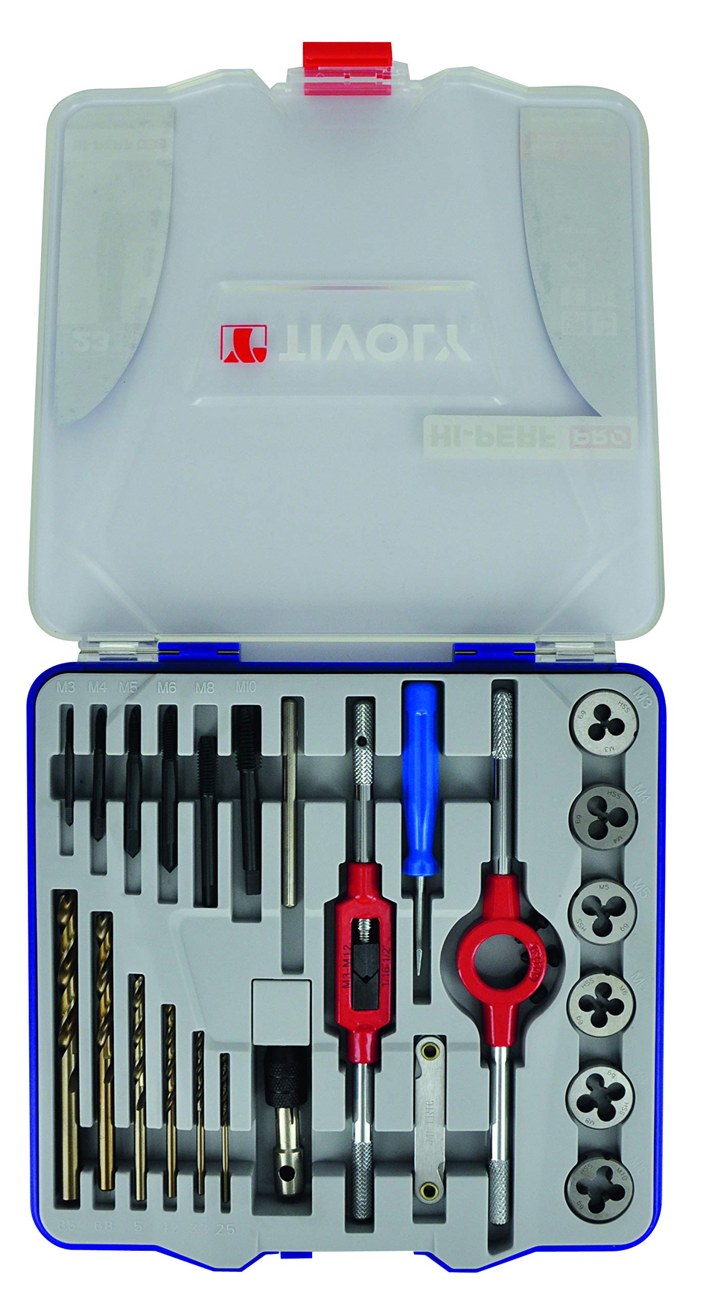 Tivoly 11900870016 MTF23 - Maletín con 23 brocas para taladro, DIN 352, incluye 6 brocas, 4 accesorios M3 a M10 y 6 brocas metálicas HSS Cobalt
