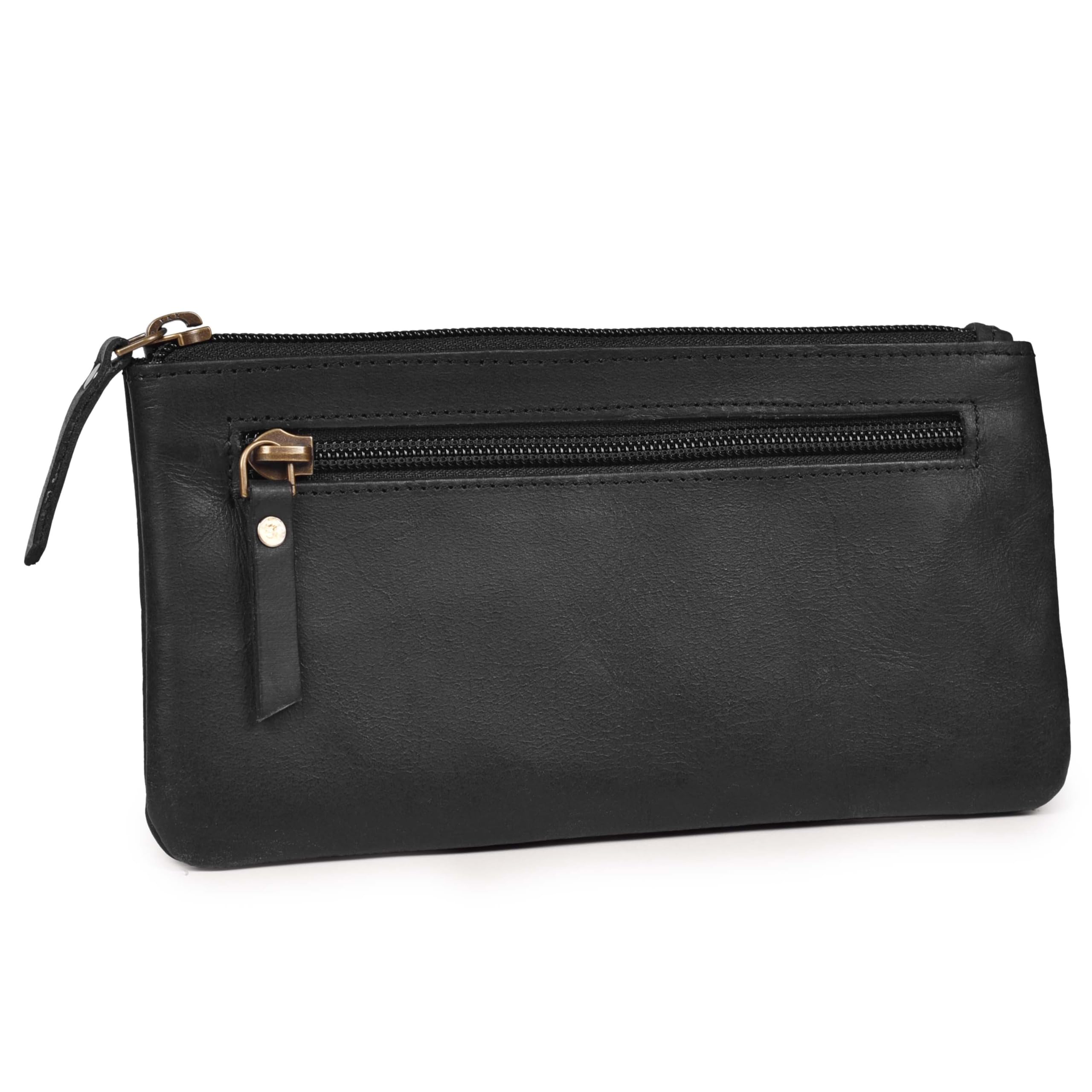 LEATHER VILLAGE Leather Pencil Pouch Pen Case, Matte Black, 8"X4"- Double Pocket