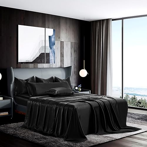 Miniatura 3 de Manyshofu Juego de sábanas de satén negro de 7 piezas, tamaño King, juego de sábanas de satén sedoso lujoso y suave, 1 sábana bajera de satén, 1