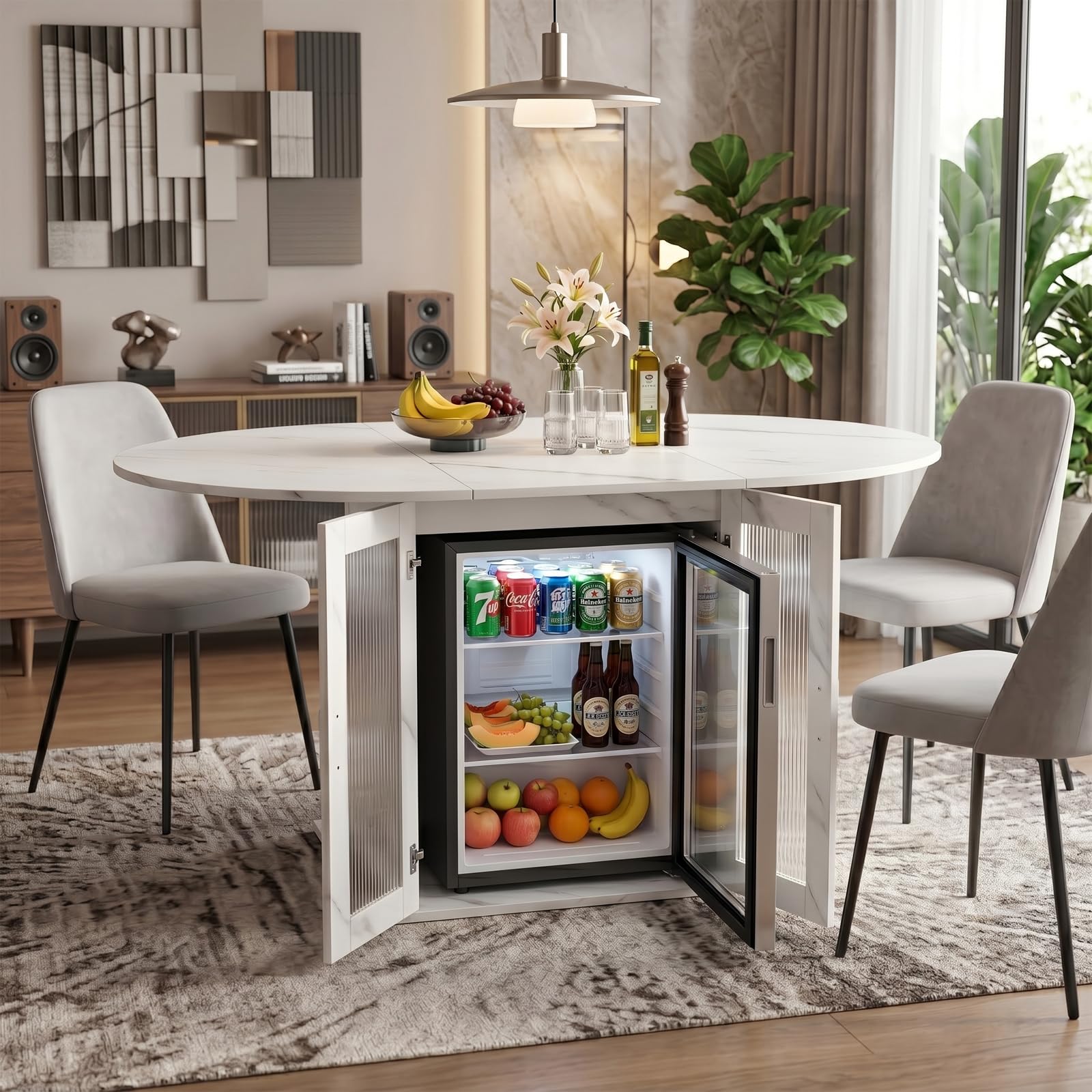 Tavolo da pranzo allungabile ovale, 100/140 x 100 x 77 cm, tavolo da cucina per 4-6 persone, con spazio di archiviazione e frigorifero, moderno tavolo da pranzo allungabile, tavolo da soggiorno con