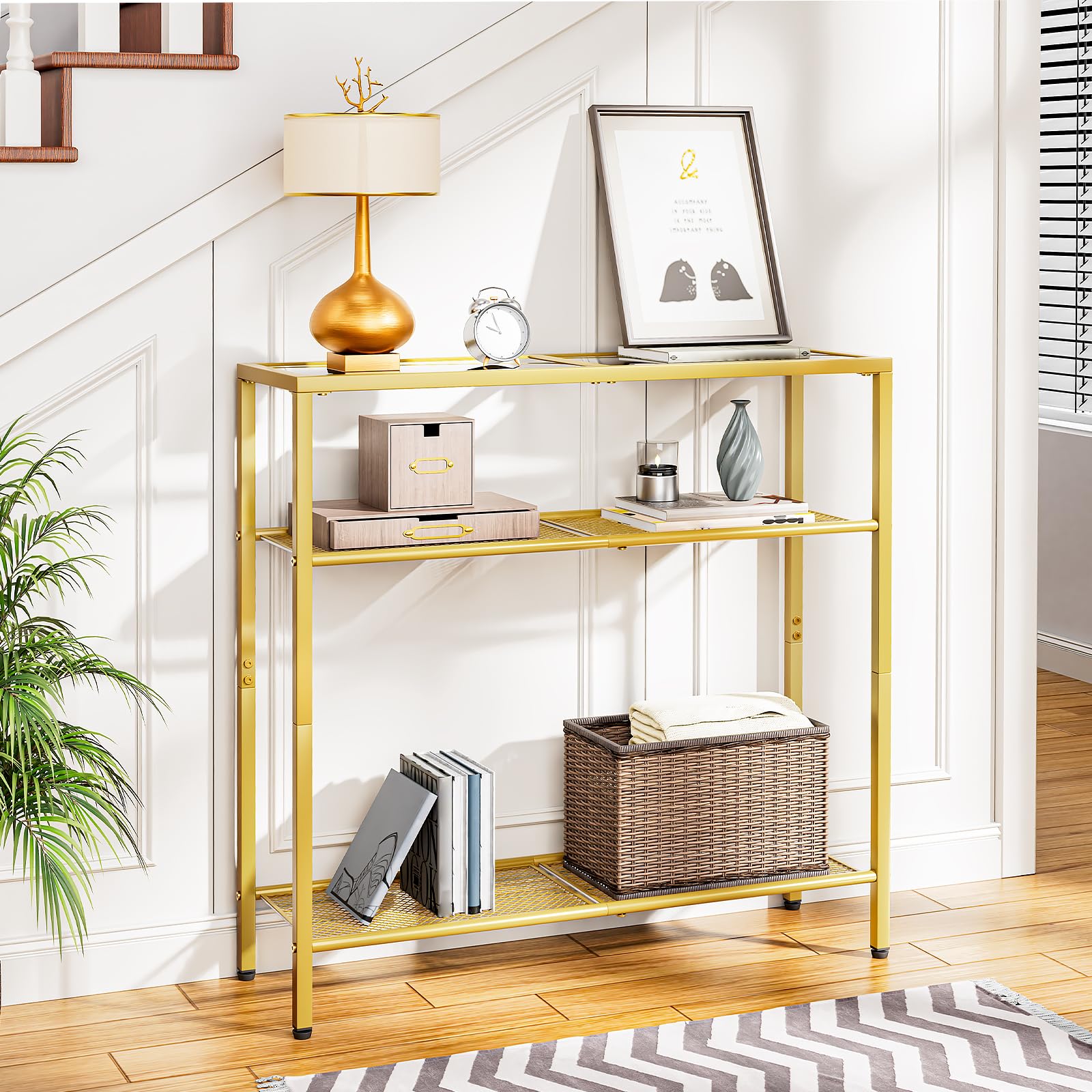 HOOBRO Table Console en Verre, 75 cm Table d'Entrée avec Trois Étagères, Bout de Canapé en Verre Trempé, Robuste, Montage Facile, pour Salon, Entrée, Couloir, Doré et Transparent EGD21XG01G1