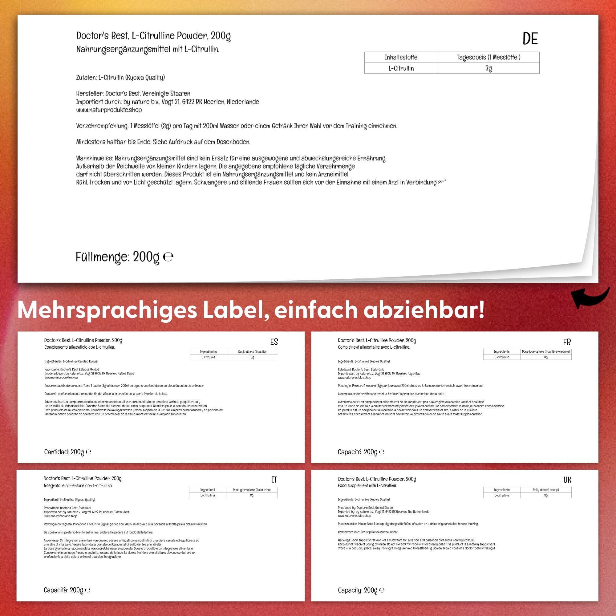 Doctor's Best, L-Citrulline (L-Citrullin), Hochdosiert, 200g veganes Pulver, Aminosäure, Laborgeprüft, Glutenfrei, Sojafrei, Vegetarisch, Ohne Gentechnik