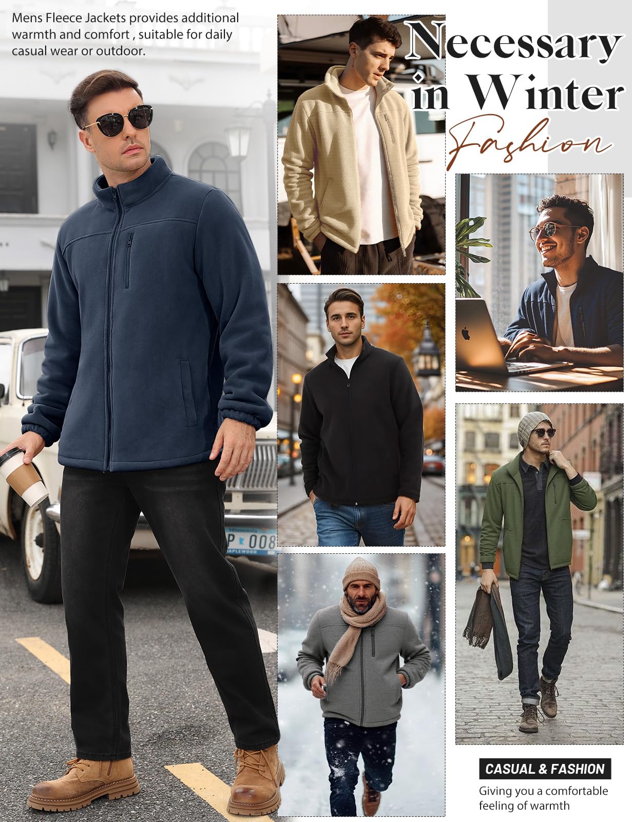 Voqeen Chaqueta de Invierno Forro Polar para Hombre Sudadera Termica con Cremallera Bolsillos sin Capucha Abrigo Cálida Cuello Alto para Senderismo Chaquetas Calefactable Al Aire Libre Trekking