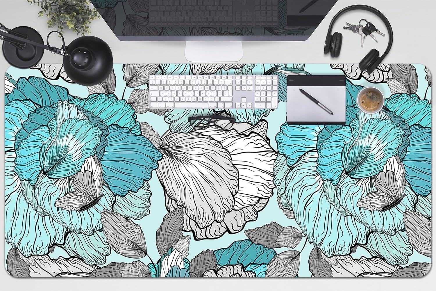 Sottomano da Scrivania 100x50 cm in Vinile PVC Protezione e Decorazione Facile da Pulire Superficie Protettiva per Ufficio e Casa Antiscivolo Impermeabile - Scarabocchio di fiori