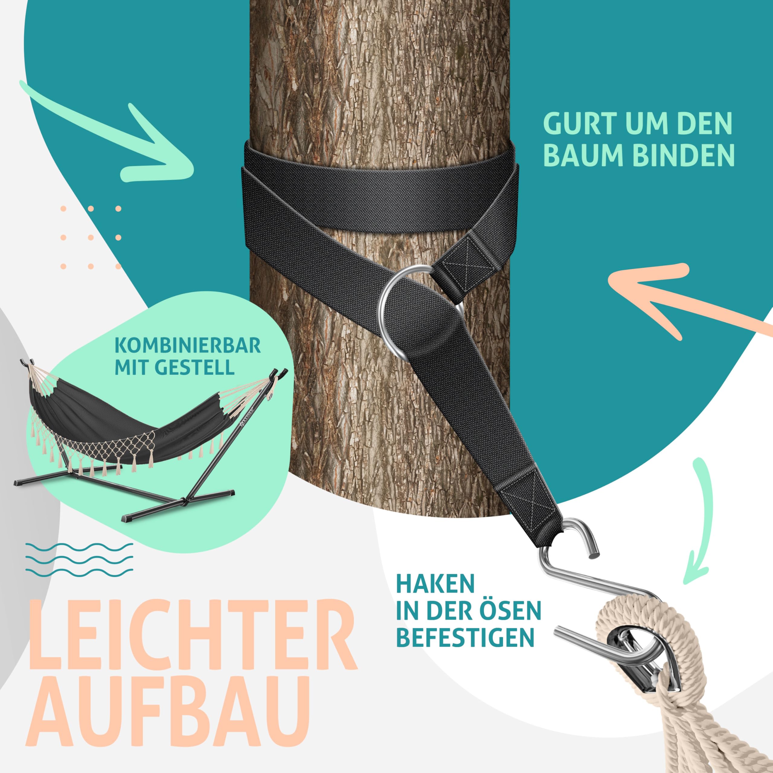 KESSER® Hängematte 320x150 cm belastbar bis 300 kg, wetterfeste & atmungsaktive Tuchhängematte mit Fransen für 1-2 Personen – Ideal für Camping, Garten & Outdoor, inkl. Beutel, Seile & Gurte,Anthrazit