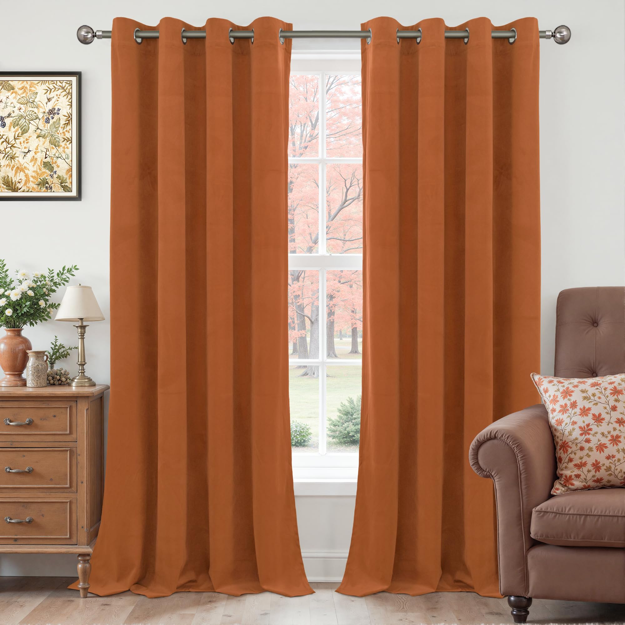 YoungsTex Burnt Orange Velvet Curtains for Living Room 84 Inches Long, Fall Blackout Drapes Thermal Insulated with Grommet Privacy for Dining Bedroom, 2 Panels, 52 X 84 Inch