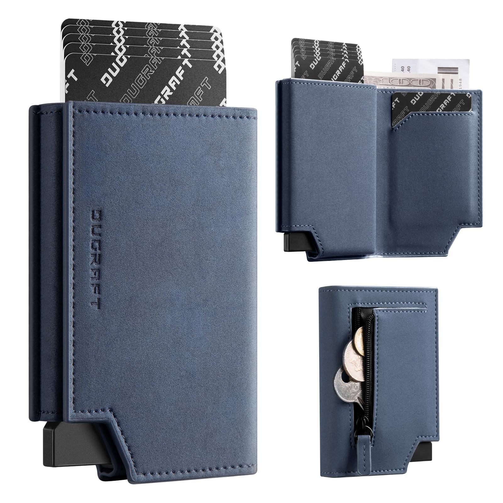 DUGRAFT Bifold Pop Up Wallet for Men, Slim Leather Credit Card Holder with Zipper Minimalist Women Magnetic Cash Coins Pocket Wallets RFID Blocking(