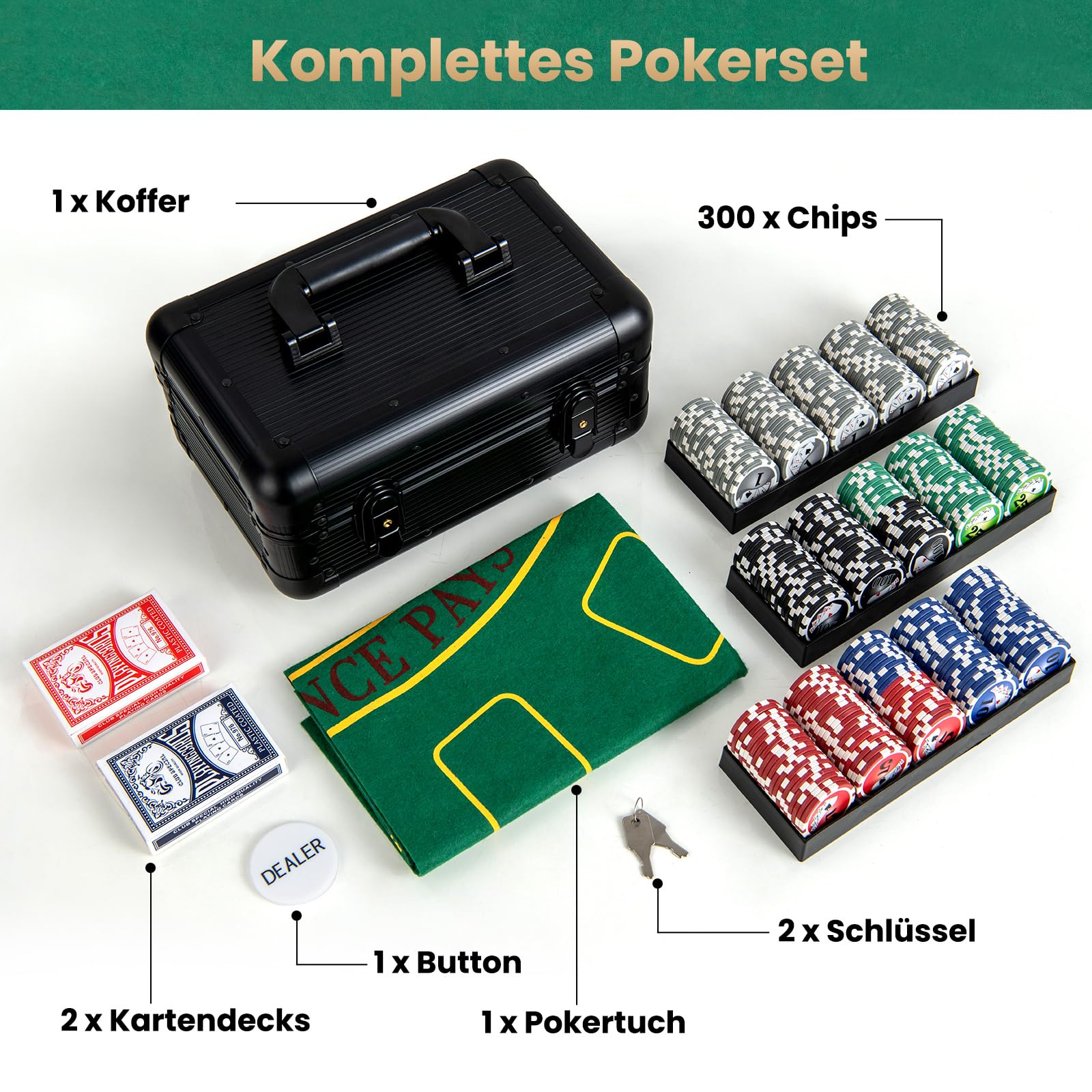 COSTWAY Zestaw do pokera z 300 żetonami laserowymi, walizka pokerowa z 2 kartami gra, guzikami do gry i 2 kluczami, kompletny zestaw do pokera, aluminium