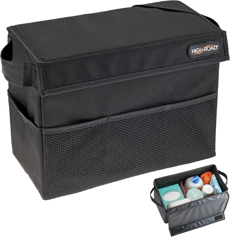 Contenedor de almacenamiento para automóvil Carganizer con tapa para asiento delantero, asiento trasero o baúl | Organizador compacto multiusos para automóvil que contiene elementos esenciales para conducir, papeleo, artículos de limpieza, viajes por carretera y necesidades de mascotas.