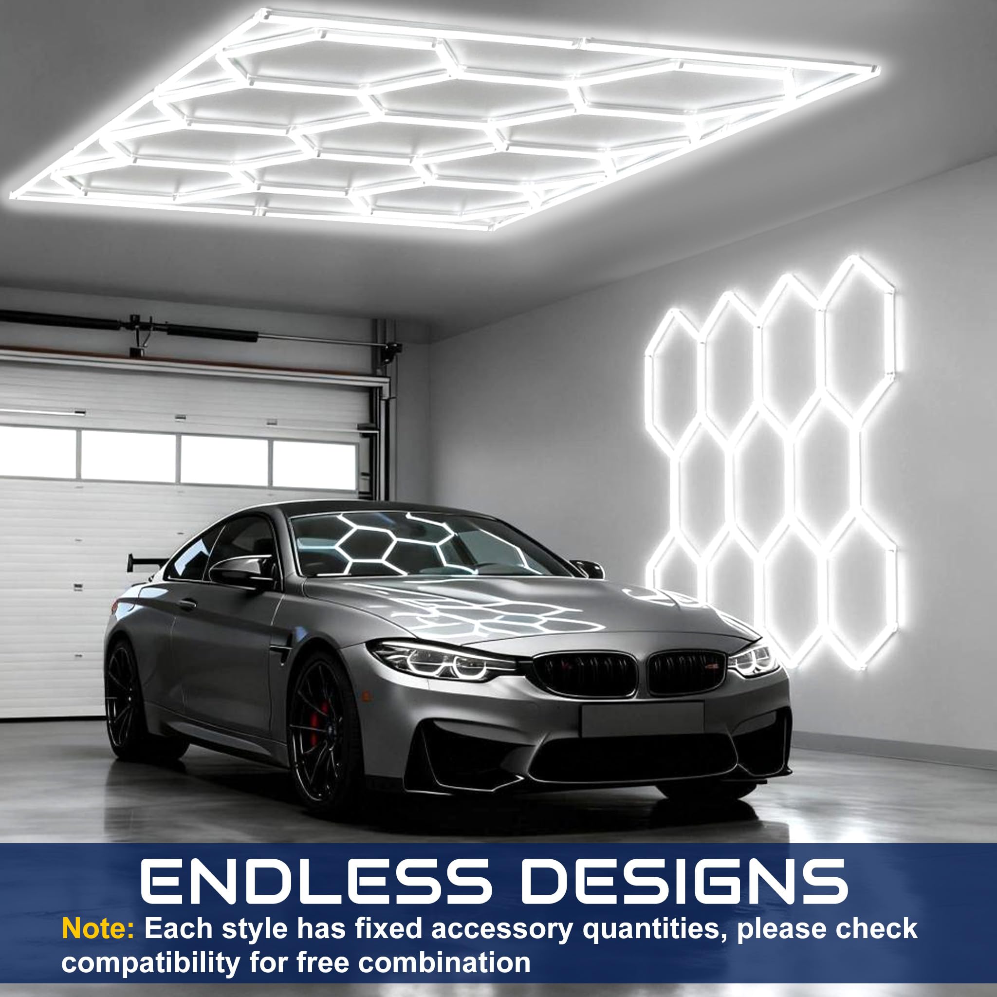 UISEBRT Hexagon LED Deckenleuchte,11 Hexs Garagenbeleuchtung mit Rechteck,IP44 flimmerfrei Werkstattbeleuchtung LED-Deckenleuchten 6500K Weiß für Garage, Werkstatt, Lager, Keller, Fitnessstudio,Salon