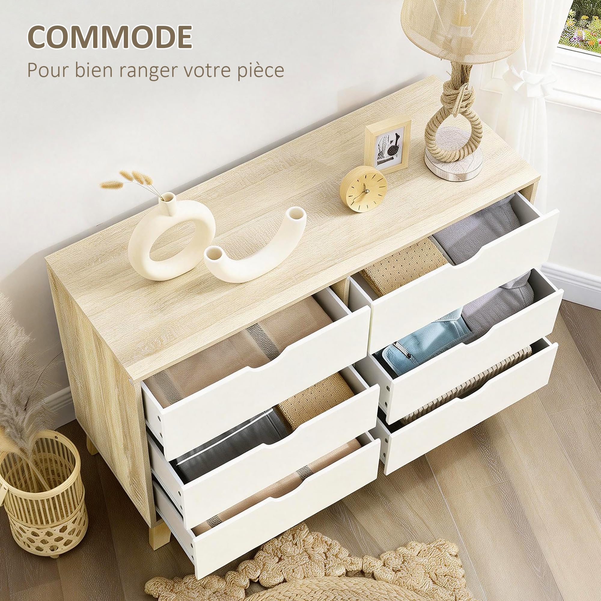 HOMCOM Commode 6 tiroirs Commode Chambre Meuble de Rangement Style scandinave avec Pieds en Bois, pour Chambre à Coucher, Salon, 120 x 40 x 76 cm, Aspect Bois et Blanc