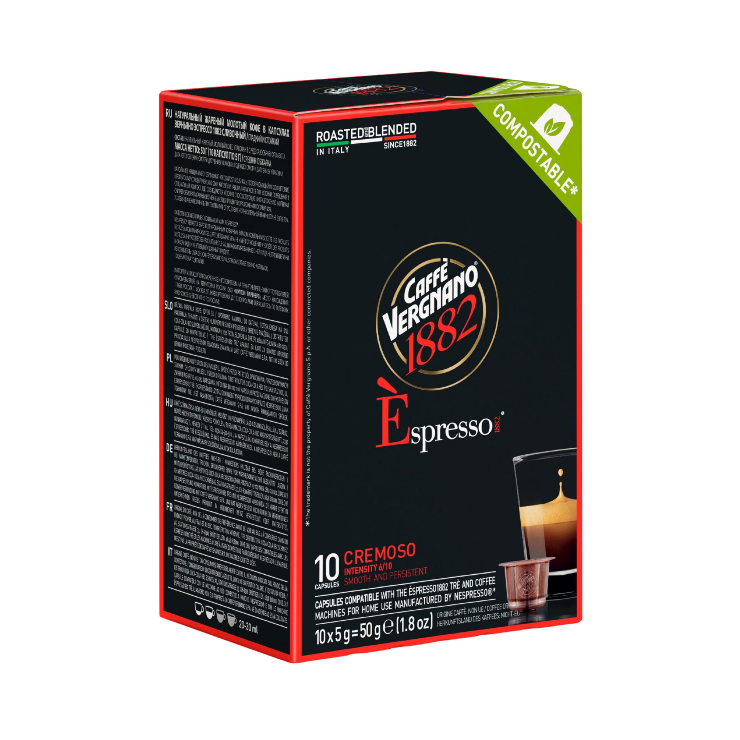 Caffe Vergnano Espresso 1882 Cremoso Nespresso Compatible Capsules, 10 Count