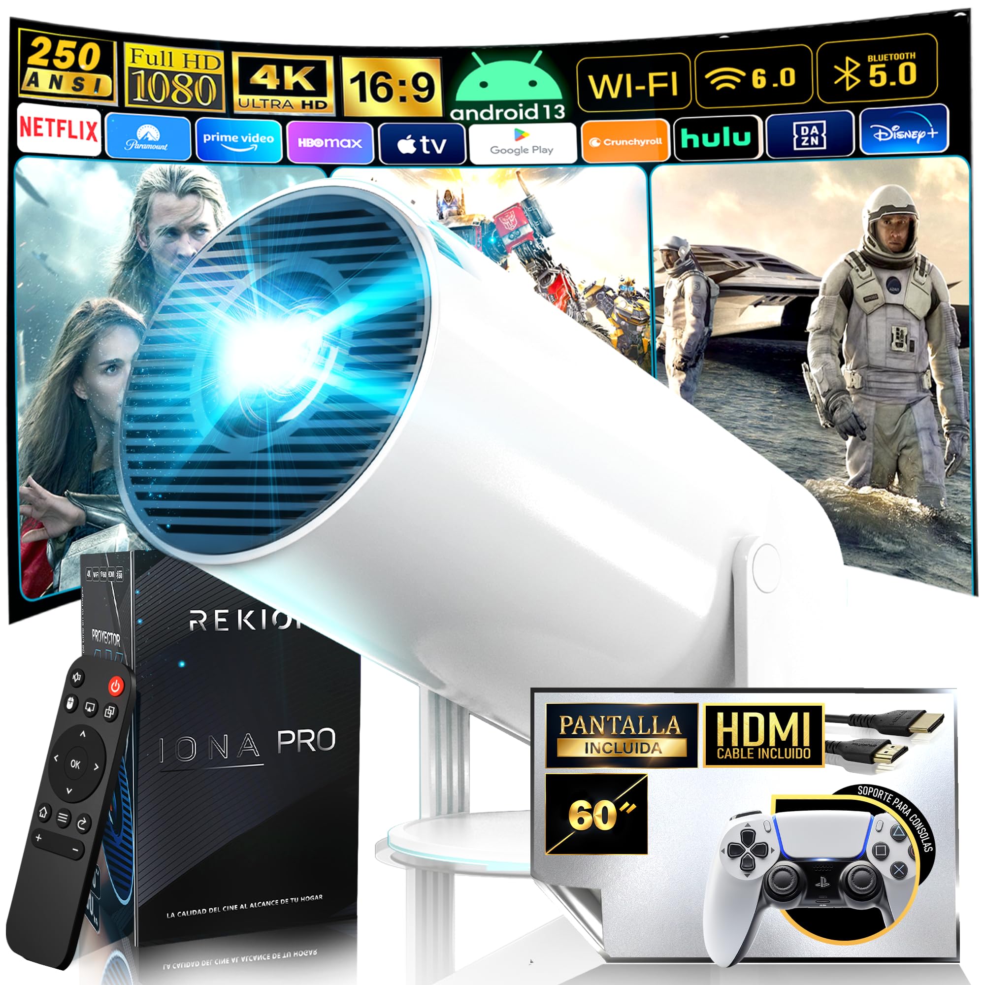 REKION® [Built-in Apps] HY.300 4K Portable Projector + Screen 60 Inches | HDMI Included | 1080P Full HD 250 ANSI 9000 Lumens | WiFi 6 Bluetooth 5.0 | Android 13 | 180° Rotable