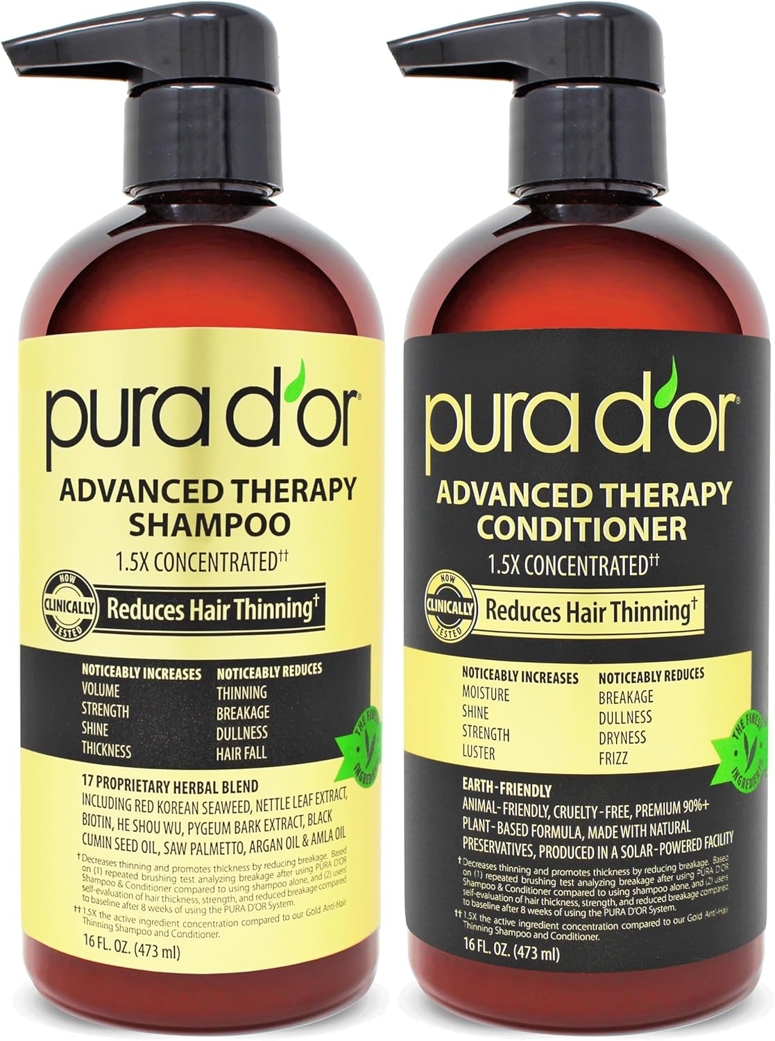PURA D’OR Anti-Thinning Advanced Therapy Biotin Shampoo & Conditioner Hair Care Set, Clinically Proven, DHT Blocker Hair Thickening Products For Women & Men, Natural Daily Routine Shampoo, 16oz x 2