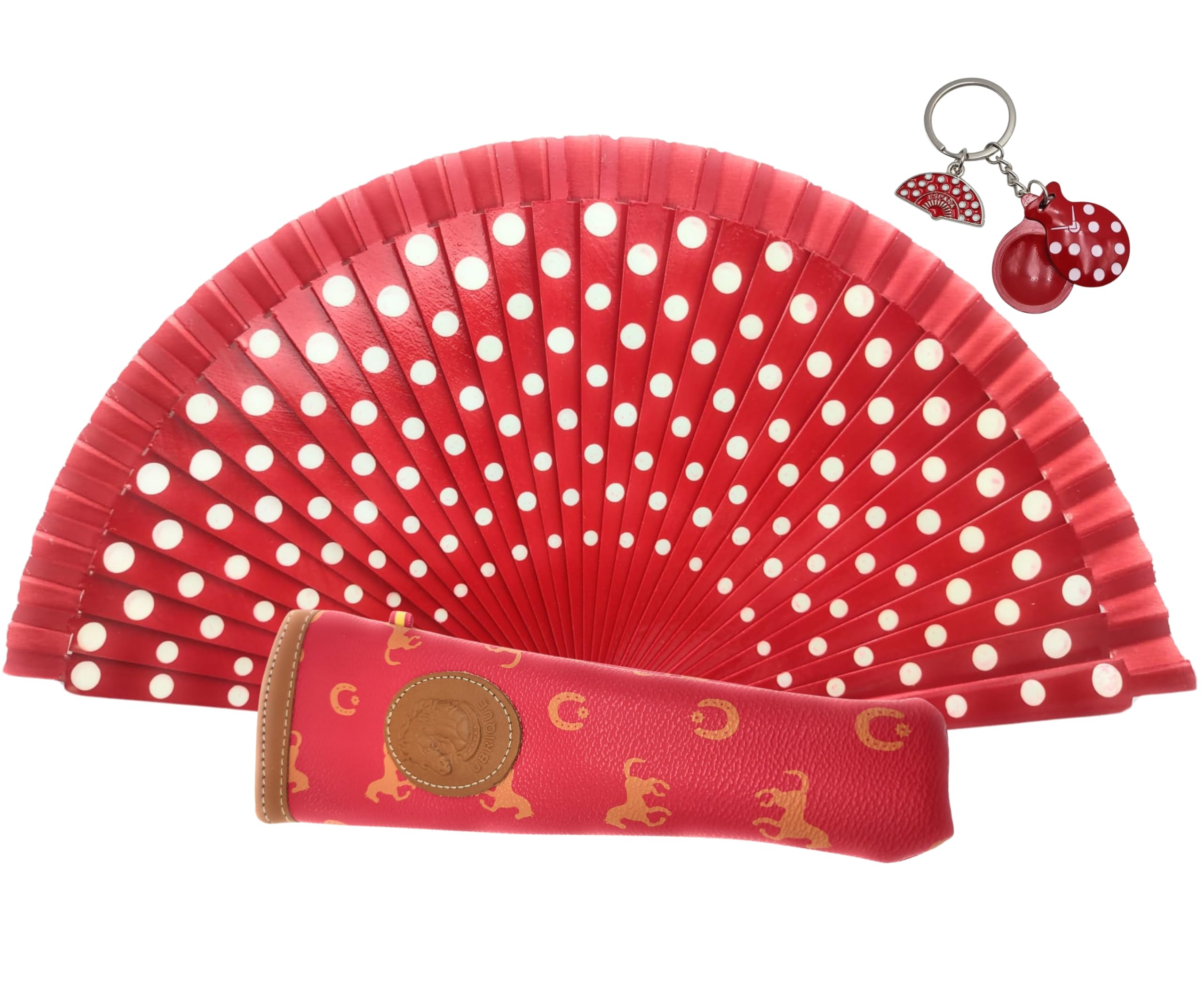 Abanico Plegable con Funda para Abanico. Tela Estampada de Algodón sobre Madera. Lunares Pintados. con Llavero de Costumbres Españolas (Rojo Lunares Blancos)