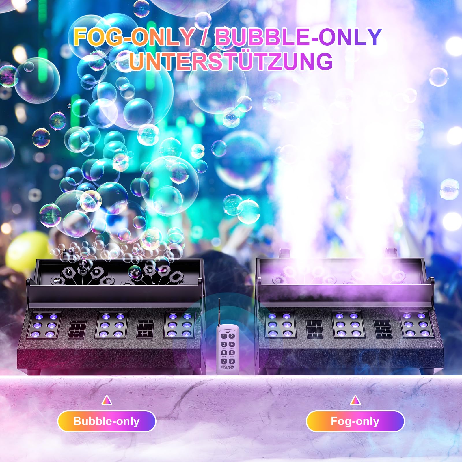 Nebelmaschine mit Blasen, Seifenblasenmaschine 1500W mit 18 RGB 3 in 1 Effekten, Fernbedienung mit DMX-Steuerung, geeignet für Party, DJ, Halloween, Weihnachten, Hochzeit