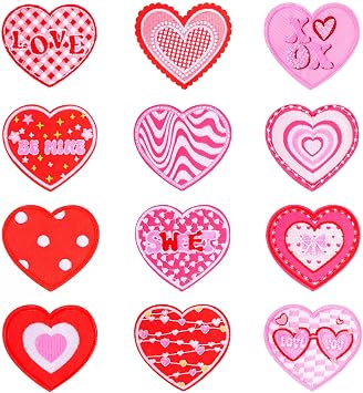 Lystaii 24pcs Valentine Heart Iron on Patches Cute Heart Shape Embroidered Applique Iron-on Sew-on Decoration Patches for Clothing Jackets Jeans Red Pink Assorted Pattern