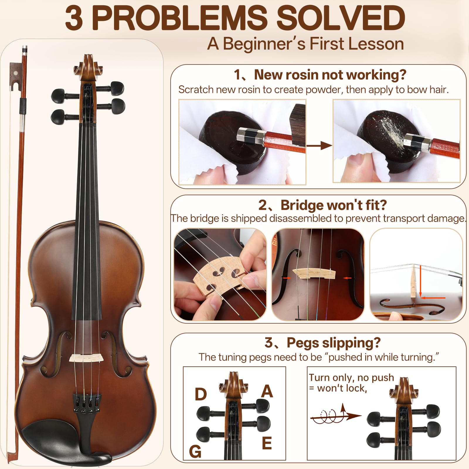 Kmise Kit de démarrage de violon 4/4 approuvé par les enseignants pour adultes, débutants et étudiants, violons acoustiques en bois de jujube robuste, ensemble de violons avec étui, archet, colophane