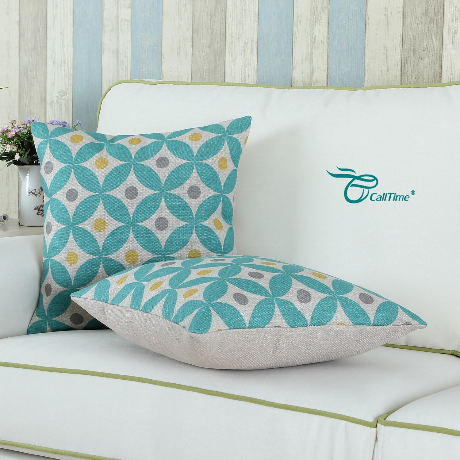 CaliTime Canvas Throw Pillow Cover Case for Couch Sofa Home Decoration Modern Circles Rings with Colorful Dots Geometric 18 X 18 Inches Teal