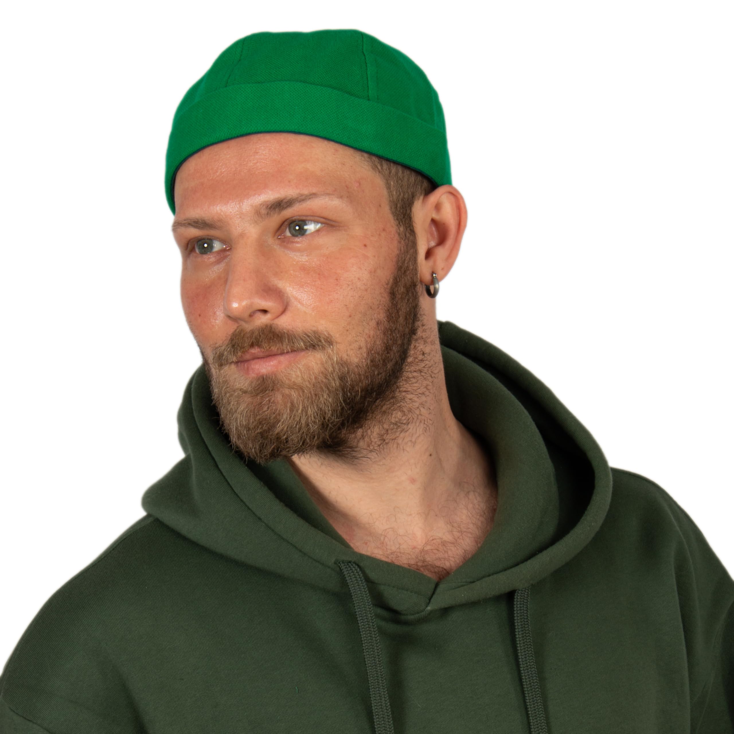 HATSQUARE Cotton Docker Cap, Unisex Brimless Cap, Men Skull Cap, Brimless Beanie Hat, Men Women Cuffed Hat - Green