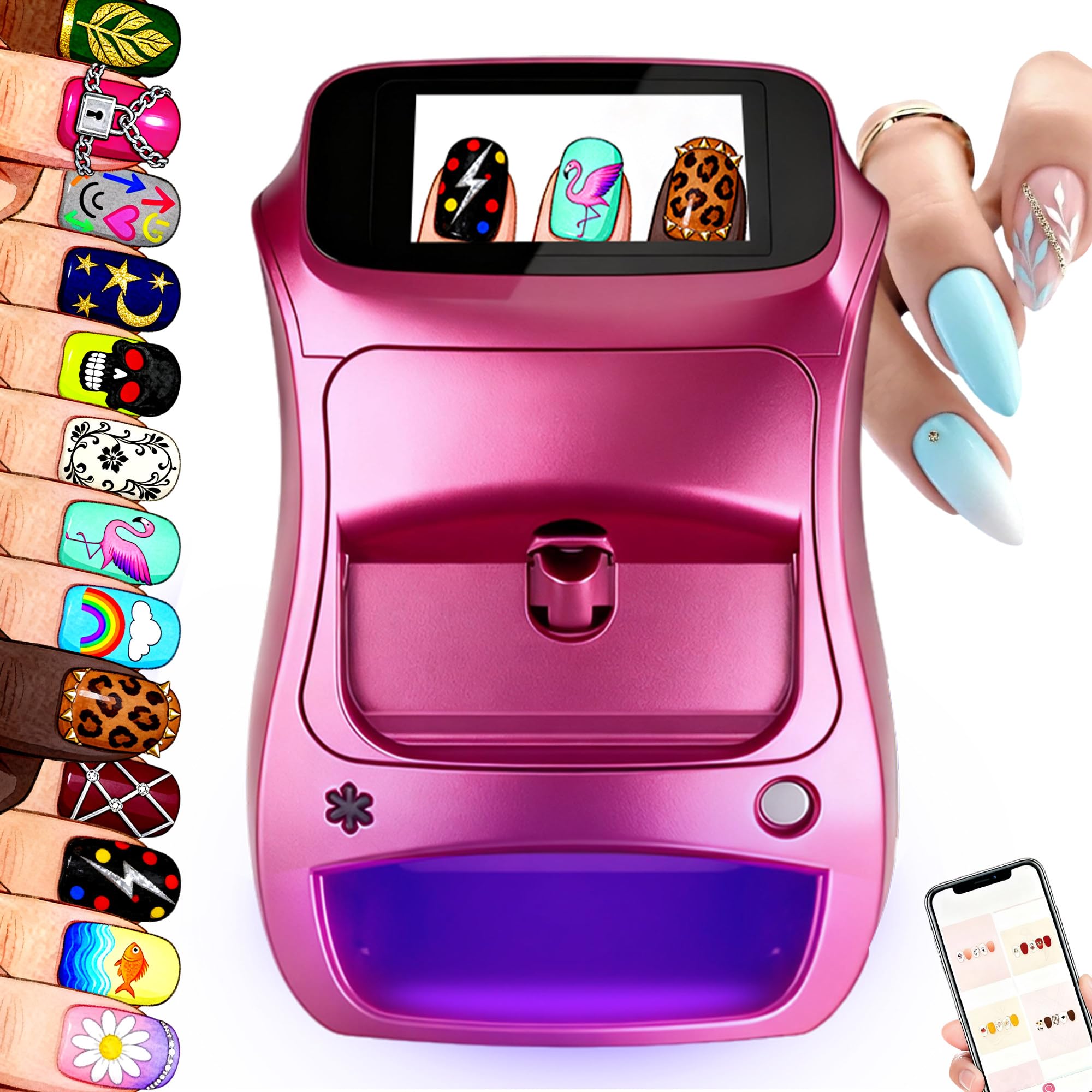 Stampante per Unghie Gel, Stampante per Unghie Elettrica, Disegno rapido 10s, Stampante per Unghie con App e Bluetooth, Stampante per Unghie Professionale, per DIY,Studi per Unghie Pink