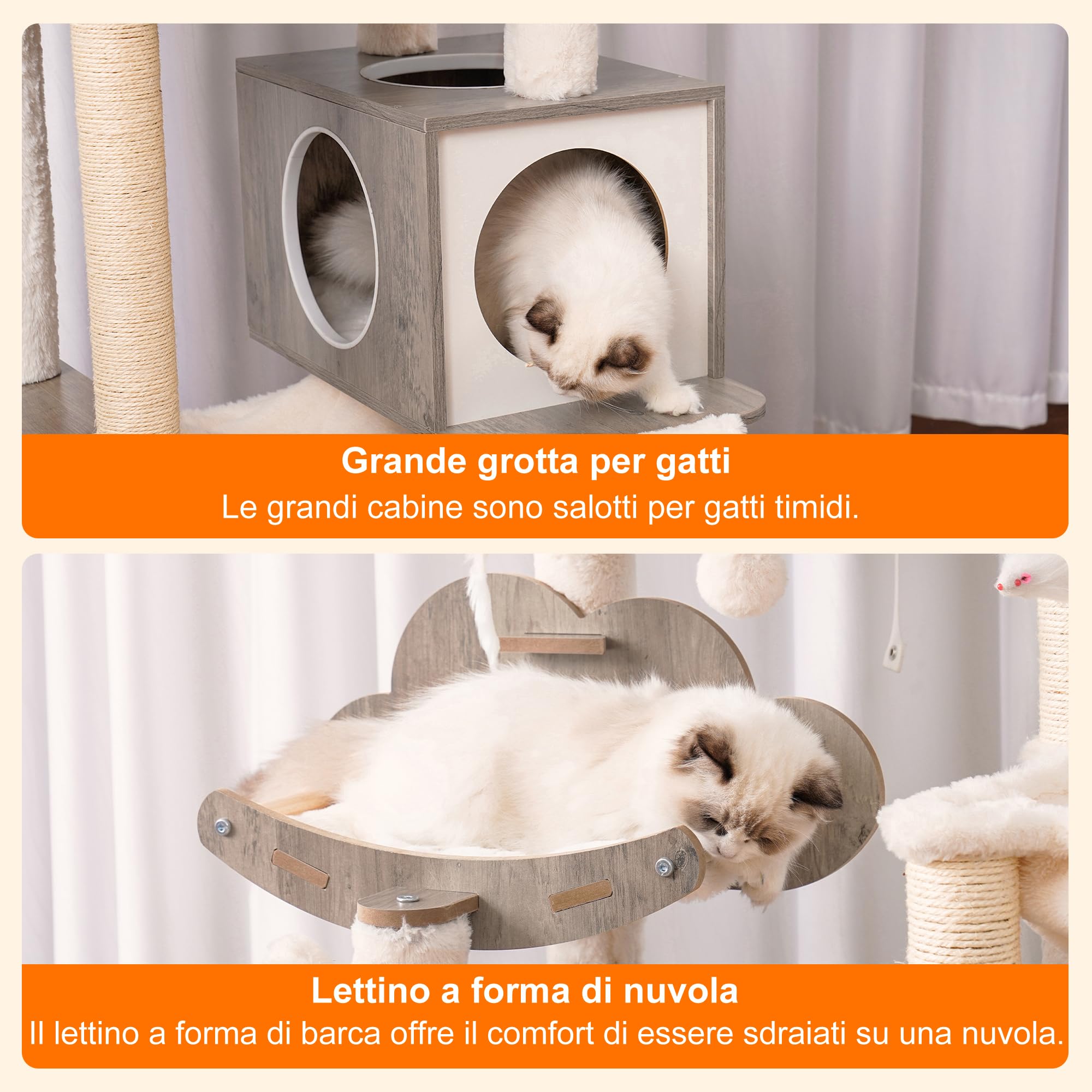 Heybly Albero per Gatti, Alto 156 cm Tiragraffi per Gatti Moderno, con 5 Pali Graffiatoi, 2 Posatoi, 1 Grotta, 1 Cesto, 1 Amaca, 3 Pompon, in Peluche a Più Livelli, Greige HCT120SG