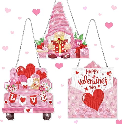Sintuff 3 piezas 5D de gnomos rosados para el día de San Valentín, kits de pintura de diamantes colgantes para el día de San Valentín, camión,