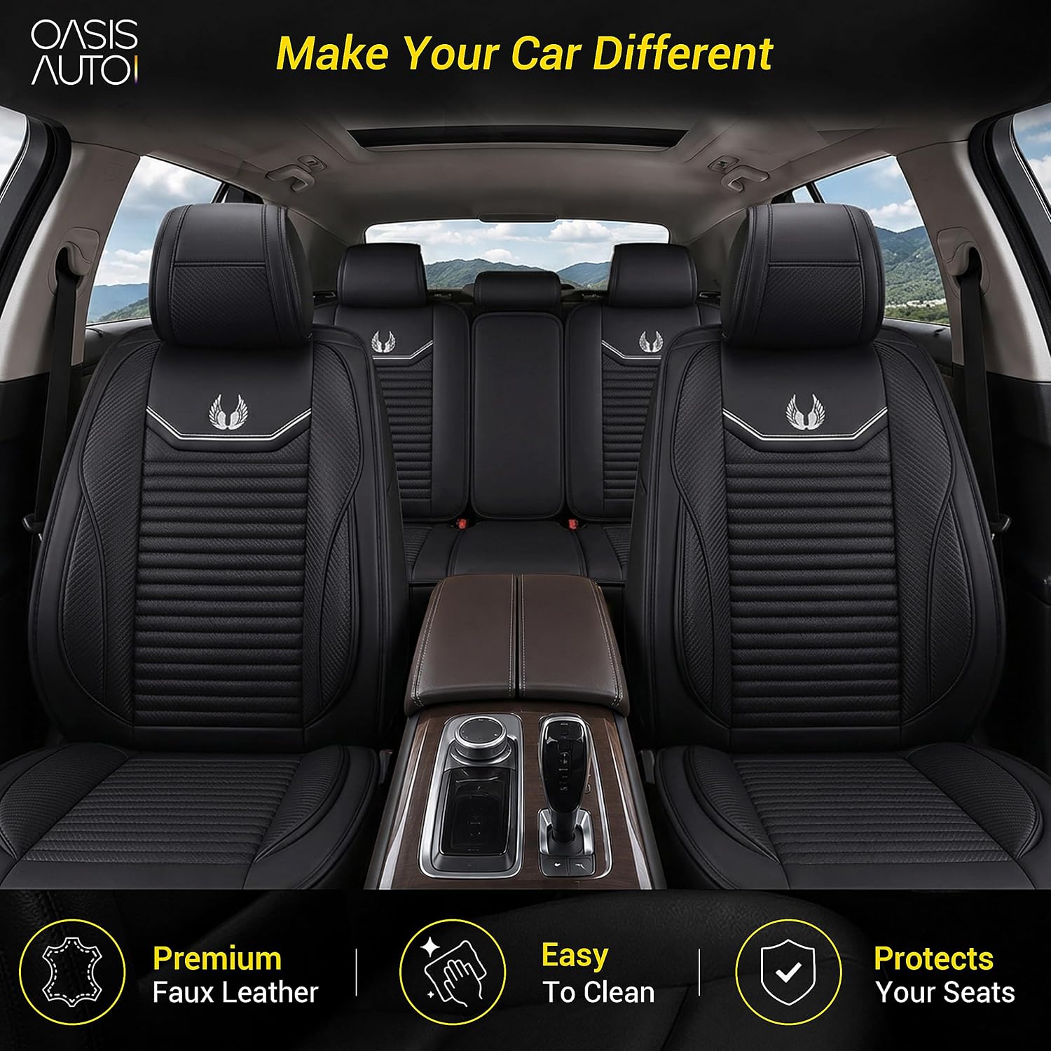 OASIS AUTO Car Seat Covers Full Set, Breathable Hybrid Leather Seat Covers, Universal Accessories Fit SUV Truck Sedan Automotive Vehicle Auto Interior Protector (OS-008 Black) image 2