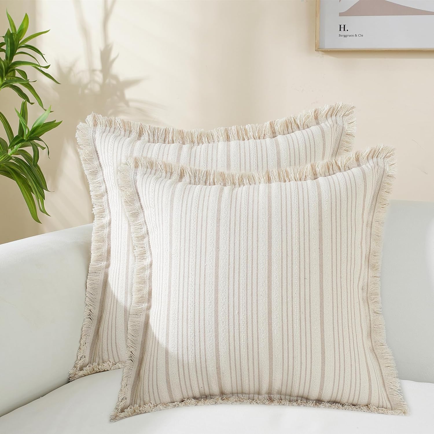 Striped Pillow Covers with Fringe, Chic Cotton Linen Khaki Throw Pillow Covers 16x16 Set of 2 Decorative Pillows Square Cushion Covers for Sofa Couch Bed Living Room Farmhouse Boho Decor (khaki)