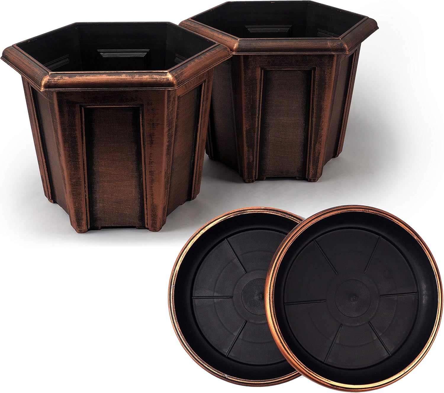 12" Rustic Hexagon Medieval Look (Set of 2 Planter + 2 Matching Trays) Flowerpot for Indoor Outdoor Garden Patio Office Home Decor (Copper-L)