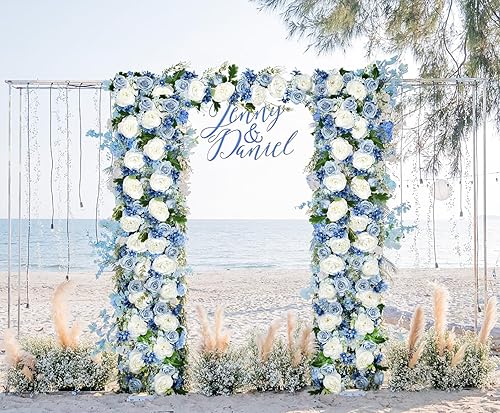 Miniatura 4 de DearHouse Guirnalda de peonías artificiales de seda con flores blancas y moradas para decoración de mesa de boda, 6 pies  hebra (blanco, azul y azul