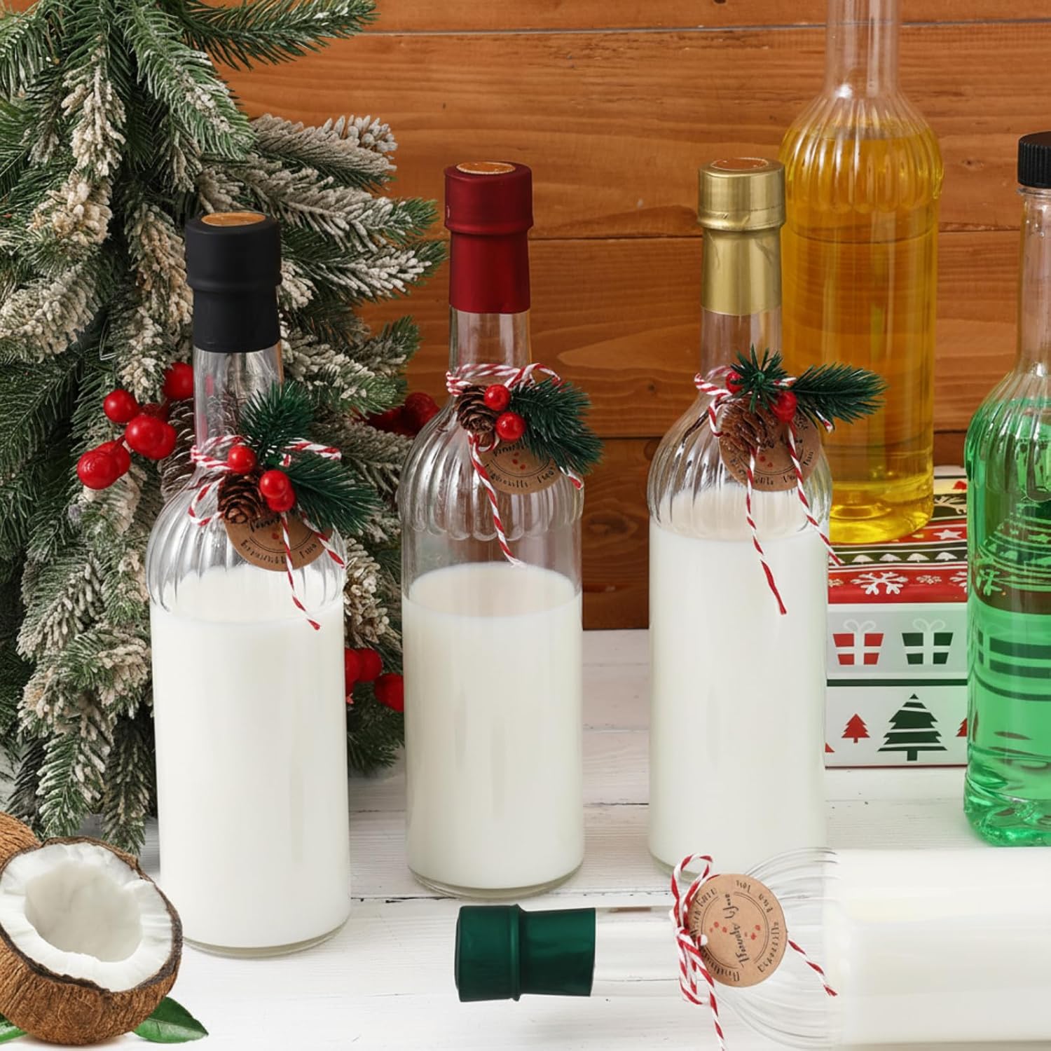 Baderke 24 Pcs 750 ml Christmas Plastic Wine Bottles with Pine Cones Branches Picks 25 oz Christmas Coquito Champagne Bottles Ideal for Homemade Brewing Wine and Storage Xmas Party Supplies