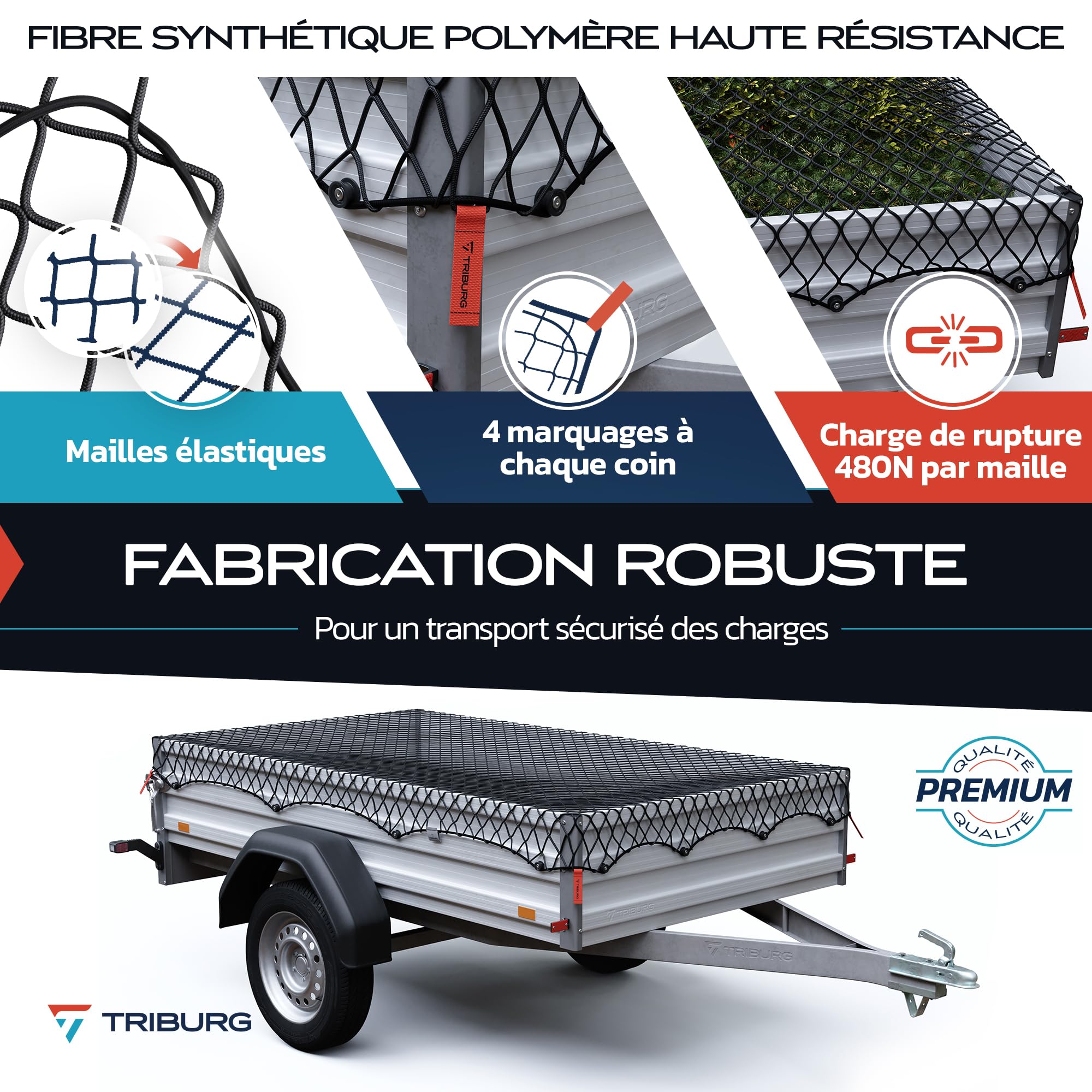 TRIBURG Filet de remorque Extensible pour remorques de 1x2 m à 2x3 m - à Mailles serrées avec Corde en Caoutchouc [Noir/élastique].