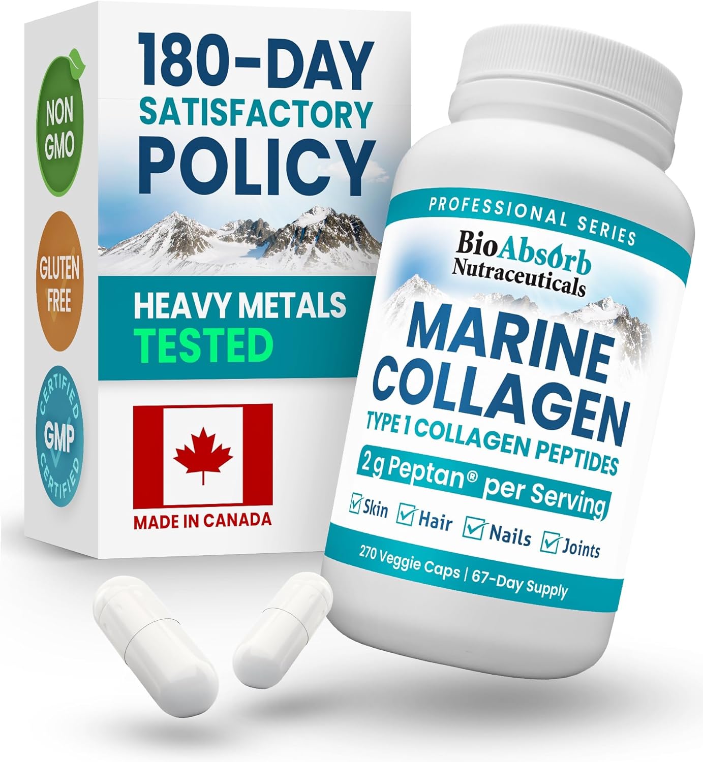 Marine Collagen Capsules. 67-Day Supply. Mercury Free, No Fish Aftertaste. 270 Collagen Pills w/Type 1 Hydrolyzed Collagen Peptides Powder Marine Collagen Capsules. 67-Day Supply. Mercury Free, No Fish Aftertaste. 270 Collagen Pills w/Type 1 Hydrolyzed Collagen Peptides Powder