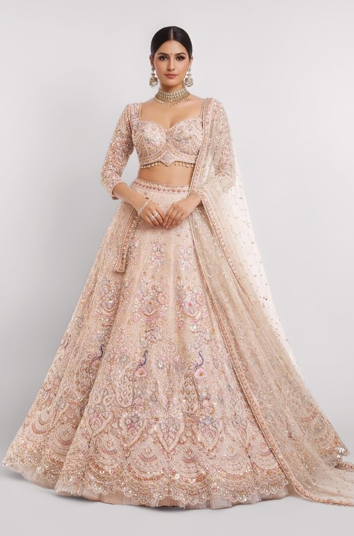 Buy Peacock Theme Embroidered Lehenga Choli with Dupatta, Traditional Indian  Bridal Lehenga (Standard, Cream, 40) at Amazon.in