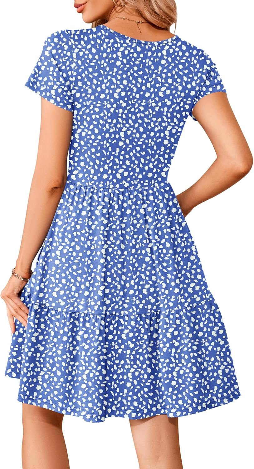 AUSELILY Women Summer Dress Casual Short Sleeve Sundress V Neck Floral Tiered Beach Dresses with Pockets - Image 3