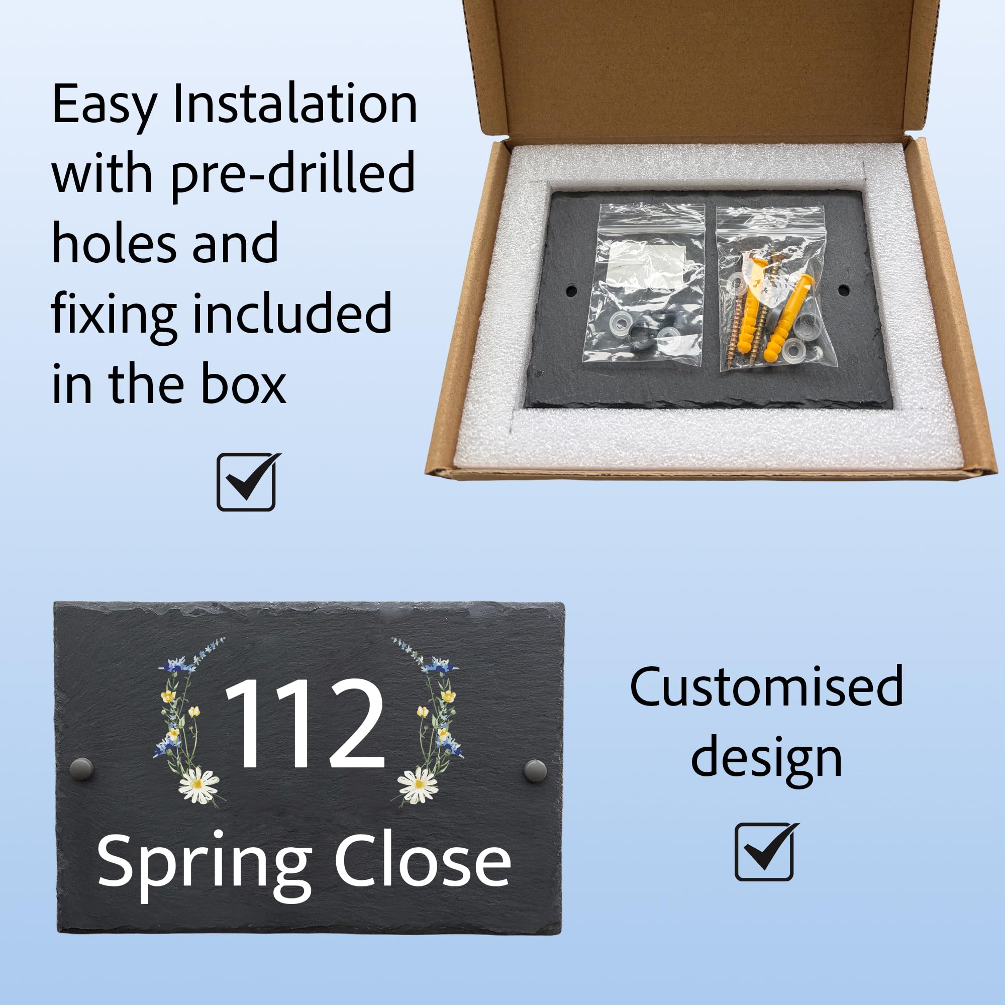 Rustic Slate House Sign, Custom Door Number Wall Plaque with Natural Farmhouse Floral Design, Includes Screws & Fixings - Image 4