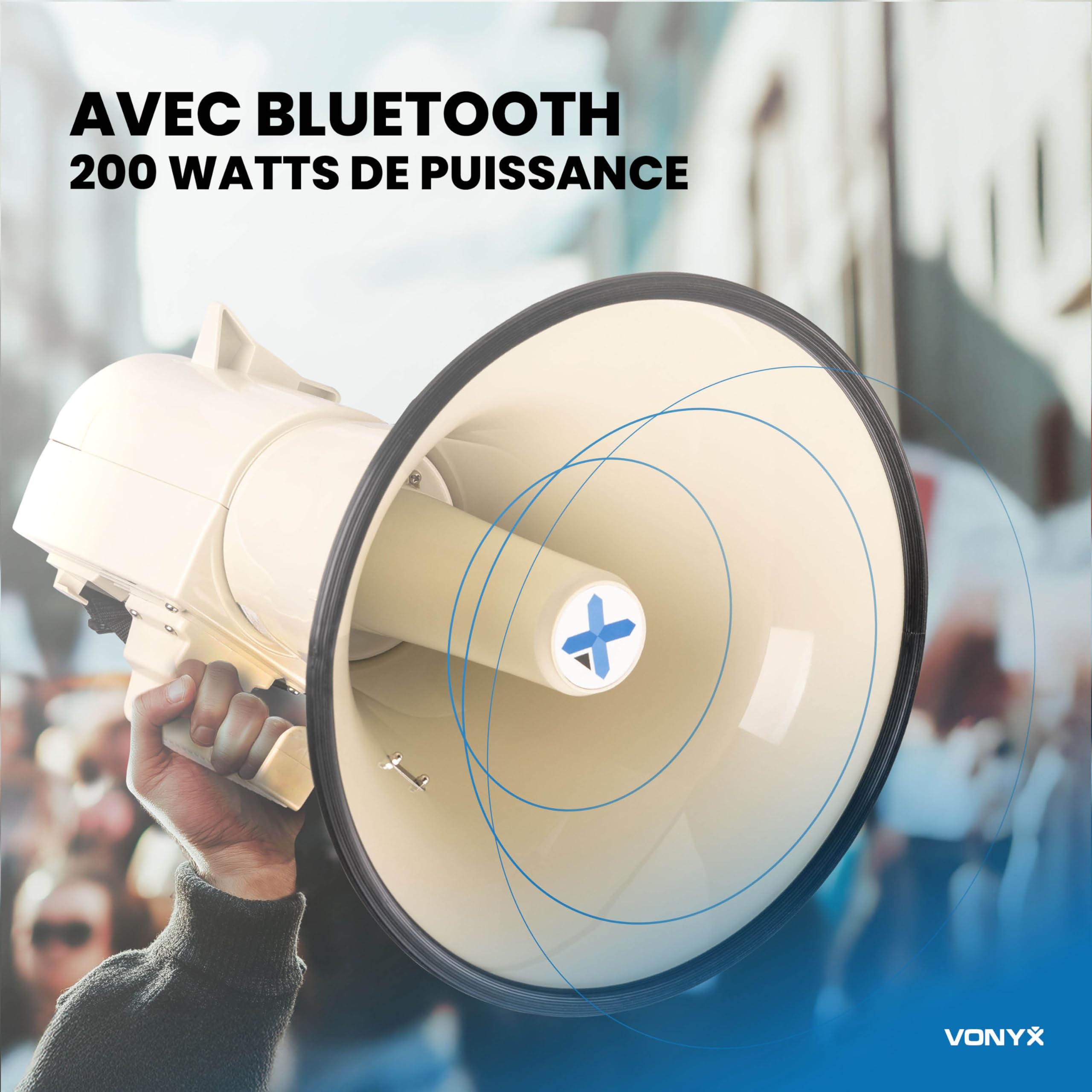 VONYX MEG150 Mégaphone Très Puissant 200W, Batterie MRB12, Idéal pour Manifestations et Matchs Sportifs - Jusqu’à 2 km, Bluetooth & Lecteur MP3, Poignée avec Dragonne, Réglage du Volume