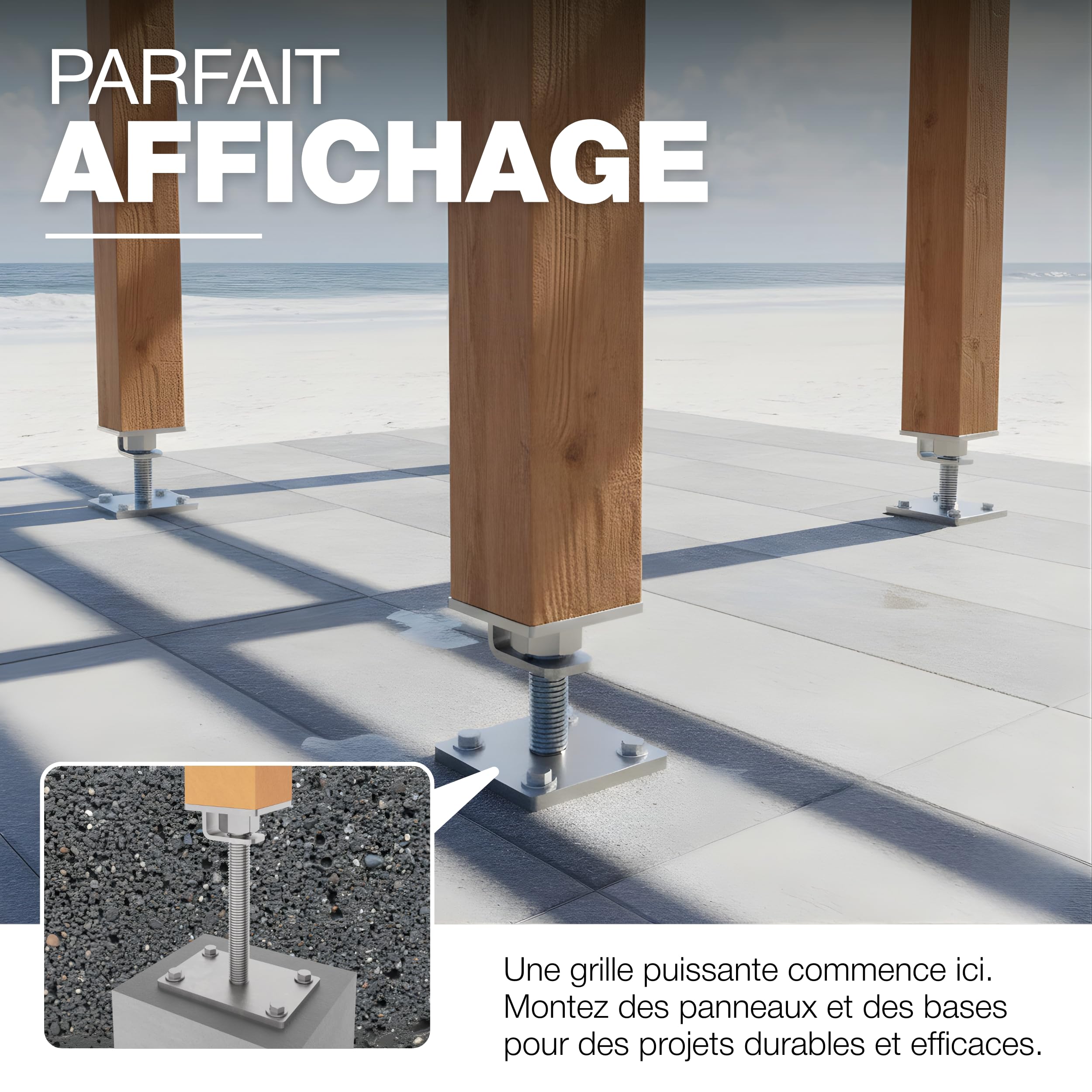 GeZu Impex Support de poteau Galvanisé à chaud 100 x 100 mm hauteur reglable platine bois pied poteaux clôture