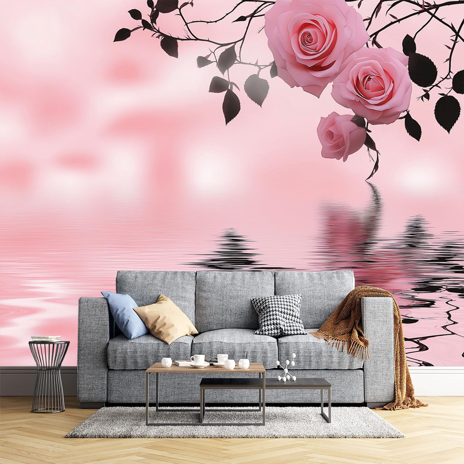 Papier peint mural salon pour masquer un mur vide avec un paysage rose