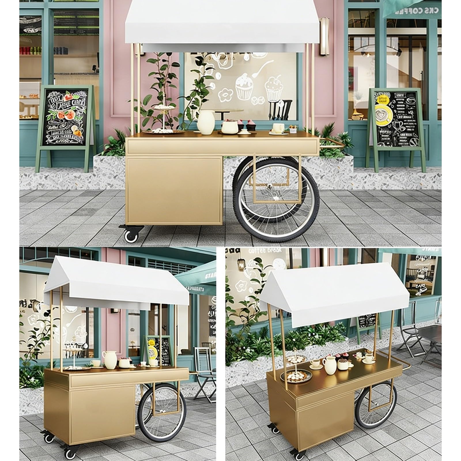 HARELA Carrito de Comida callejera con Ruedas, Genérico Puesto de Mercado con Toldo, Carro de Venta Ambulante para Perritos Calientes/Salchichas/Pan(Gold,120cm/47.2in)