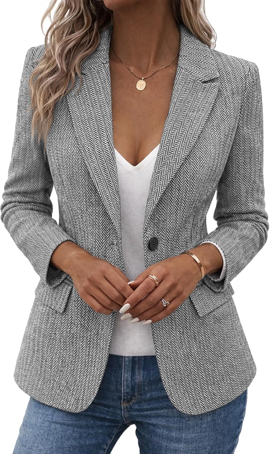 Mina Self Women's 2026 Spring Herringbone Tweed Blazer Jacket - Notched Lapel Fully Lined Work Office Coat with Pockets - Image 2