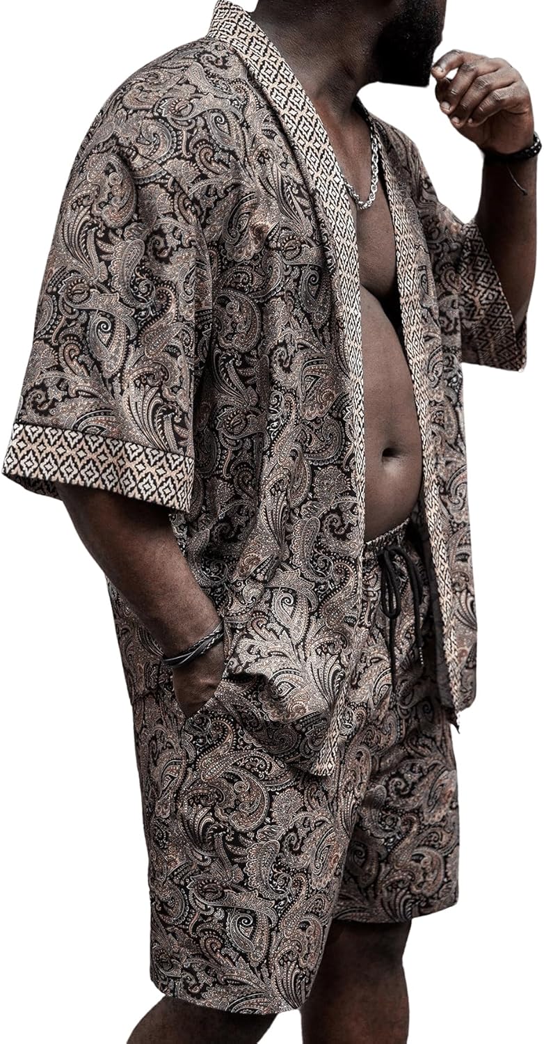BEAUDRM Men's Plus Size Hawaiian Matching Set Paisley Print Short Sleeve Kimono and Drawstring Waist Shorts Sets